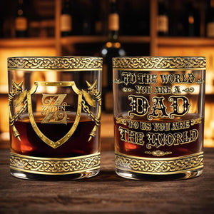 To The World You Are A Dad Medieval Shield And Golden Axes - Personalized Custom Whiskey Glass - DAD325_RWG