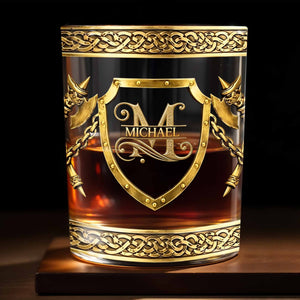 To The World You Are A Dad Medieval Shield And Golden Axes - Personalized Custom Whiskey Glass - DAD325_RWG