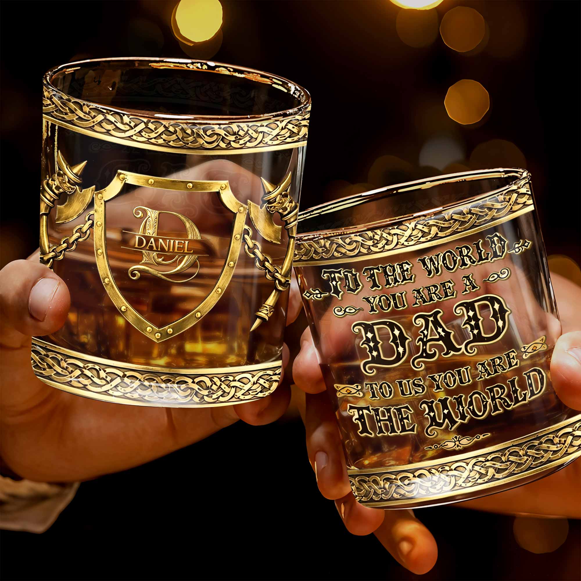 To The World You Are A Dad Medieval Shield And Golden Axes - Personalized Custom Whiskey Glass - DAD325_RWG