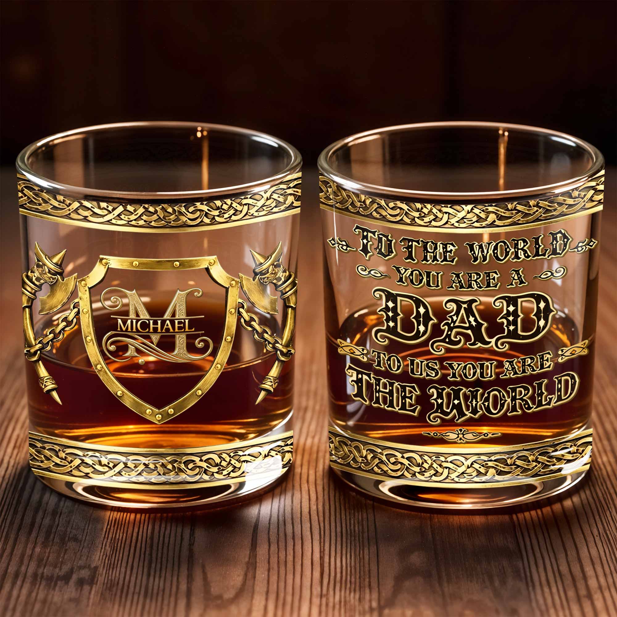 To The World You Are A Dad Medieval Shield And Golden Axes - Personalized Custom Whiskey Glass - DAD325_RWG