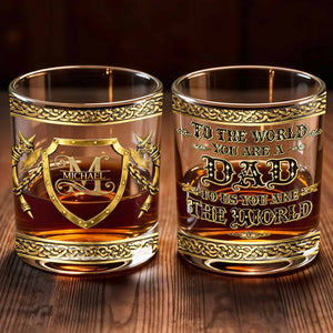 To The World You Are A Dad Medieval Shield And Golden Axes - Personalized Custom Whiskey Glass - DAD325_RWG