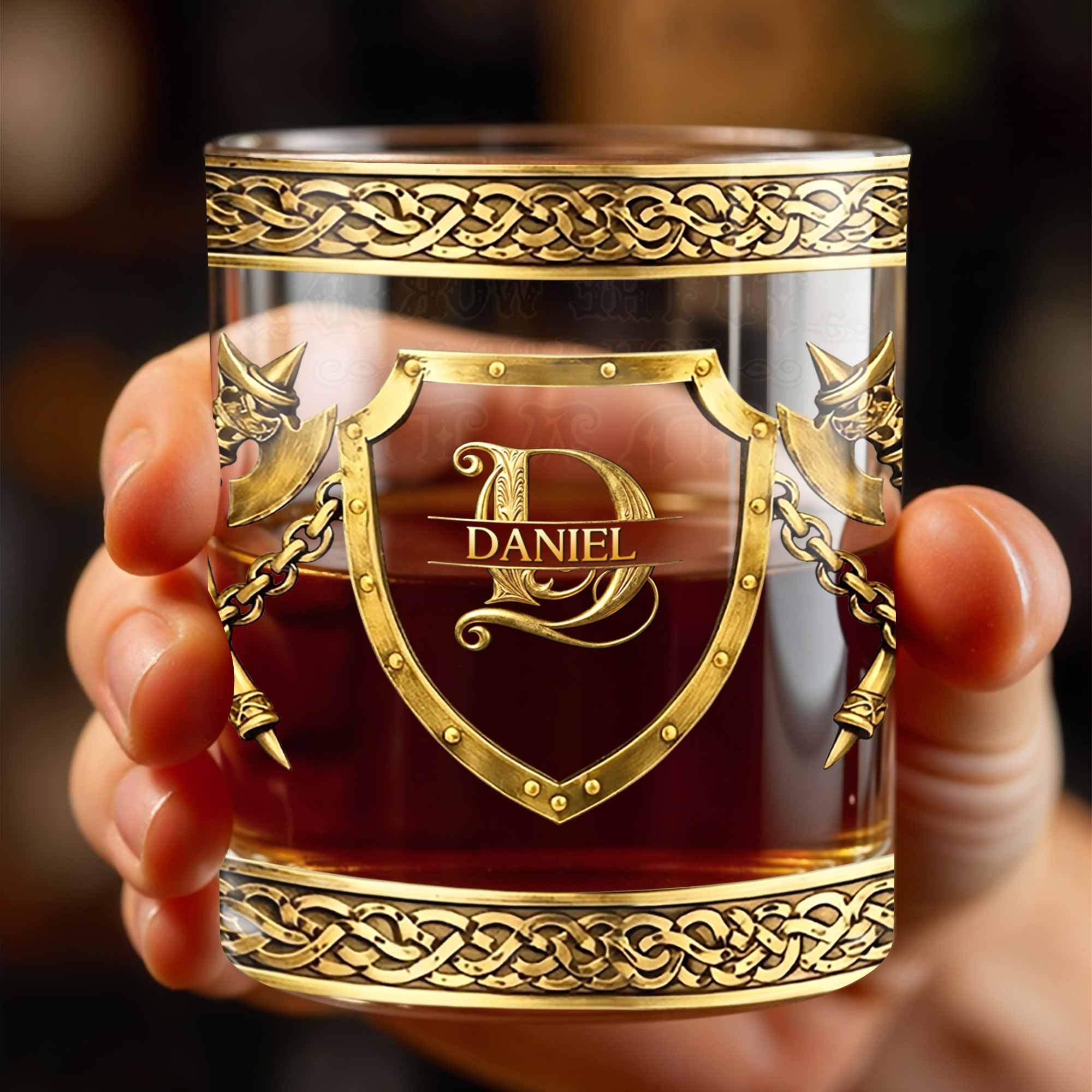 To The World You Are A Dad Medieval Shield And Golden Axes - Personalized Custom Whiskey Glass - DAD325_RWG