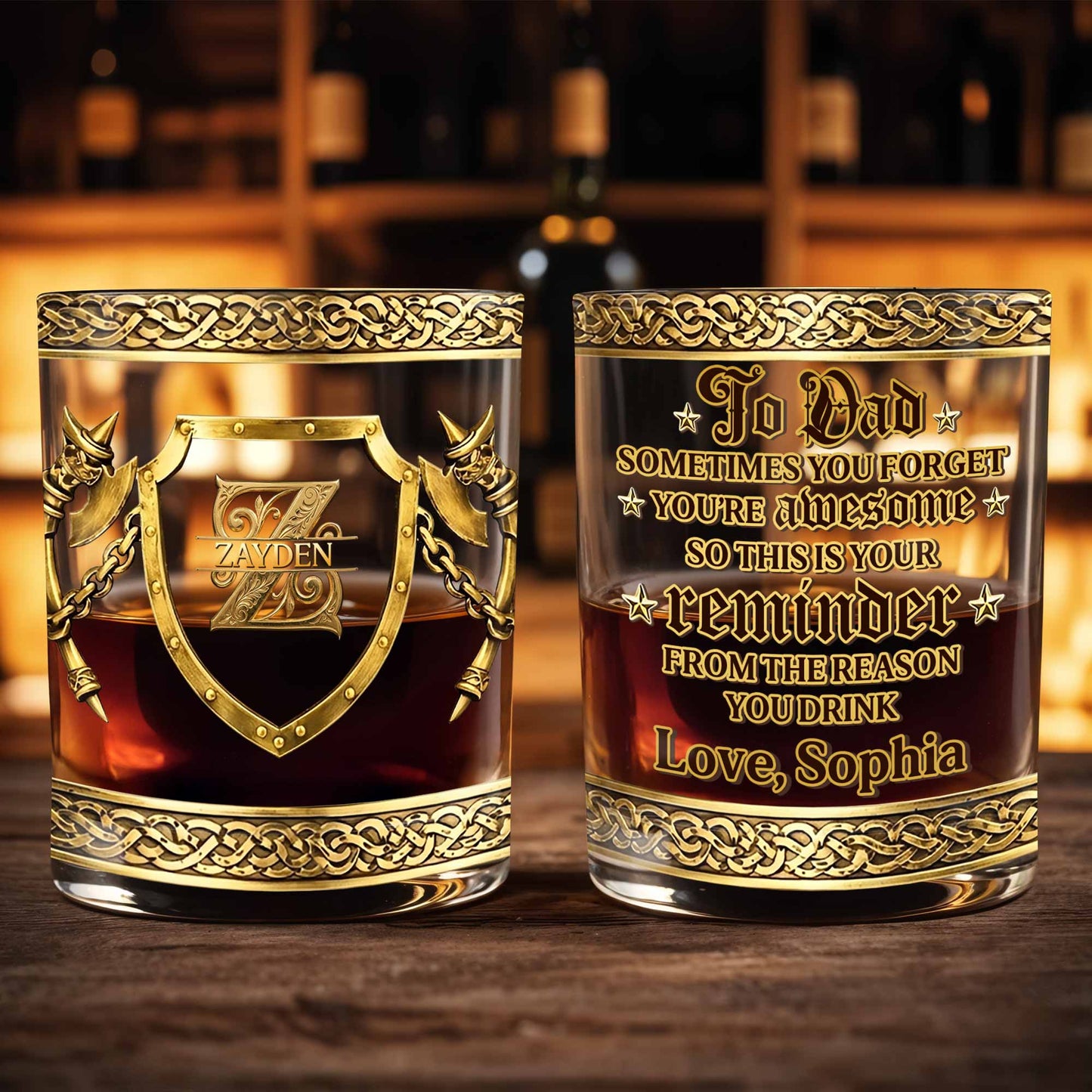 To Dad Sometimes You Forget You Are Awesome Medieval Shield And Axes - Personalized Custom Whiskey Glass - DAD326_RWG