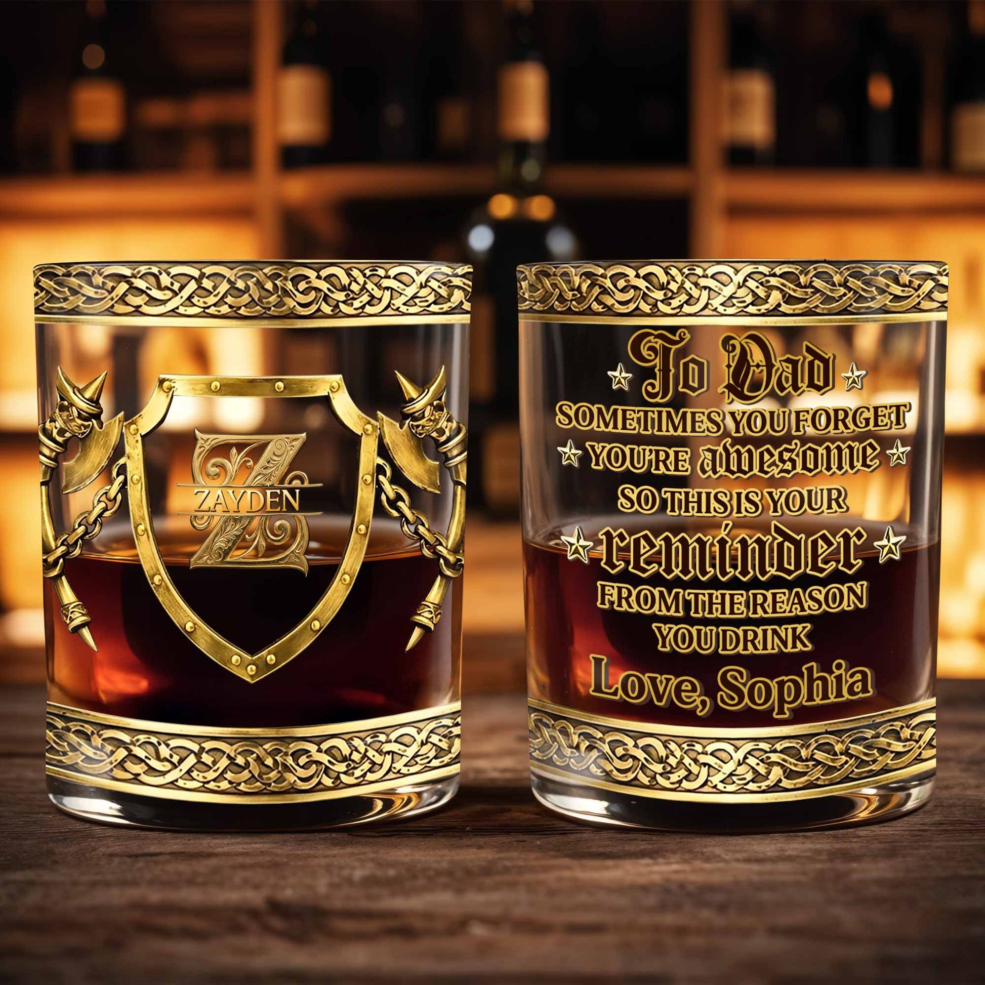 To Dad Sometimes You Forget You Are Awesome Medieval Shield And Axes - Personalized Custom Whiskey Glass - DAD326_RWG