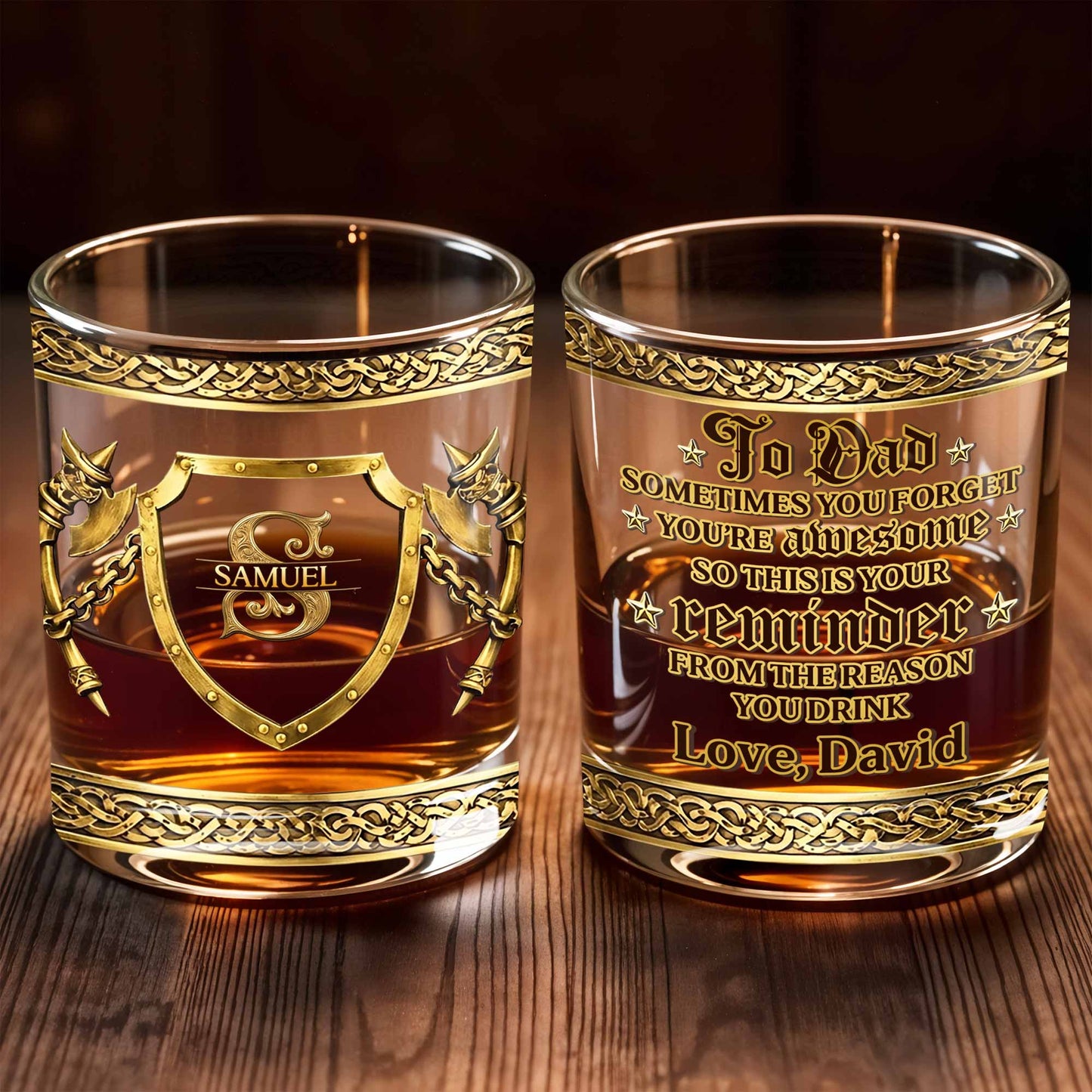 To Dad Sometimes You Forget You Are Awesome Medieval Shield And Axes - Personalized Custom Whiskey Glass - DAD326_RWG