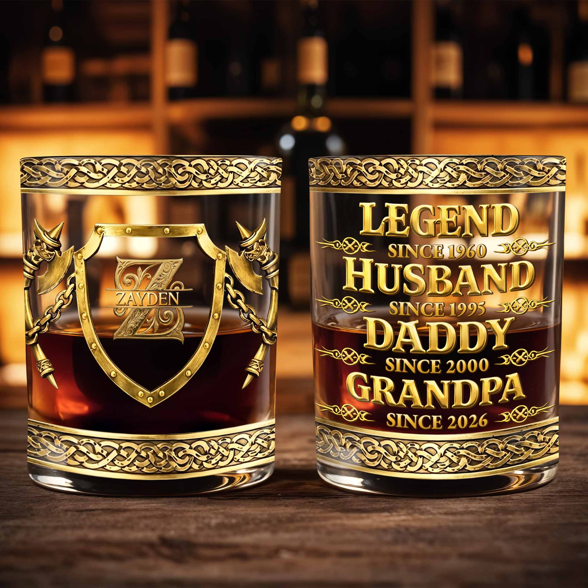 Legend Husband Daddy Grandpa Shield And Axes Golden Design - Personalized Custom Whiskey Glass - DAD327_RWG