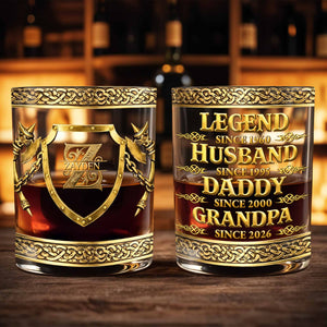 Legend Husband Daddy Grandpa Shield And Axes Golden Design - Personalized Custom Whiskey Glass - DAD327_RWG
