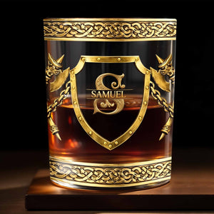 Legend Husband Daddy Grandpa Shield And Axes Golden Design - Personalized Custom Whiskey Glass - DAD327_RWG