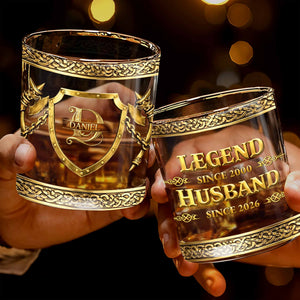 Legend Husband Daddy Grandpa Shield And Axes Golden Design - Personalized Custom Whiskey Glass - DAD327_RWG