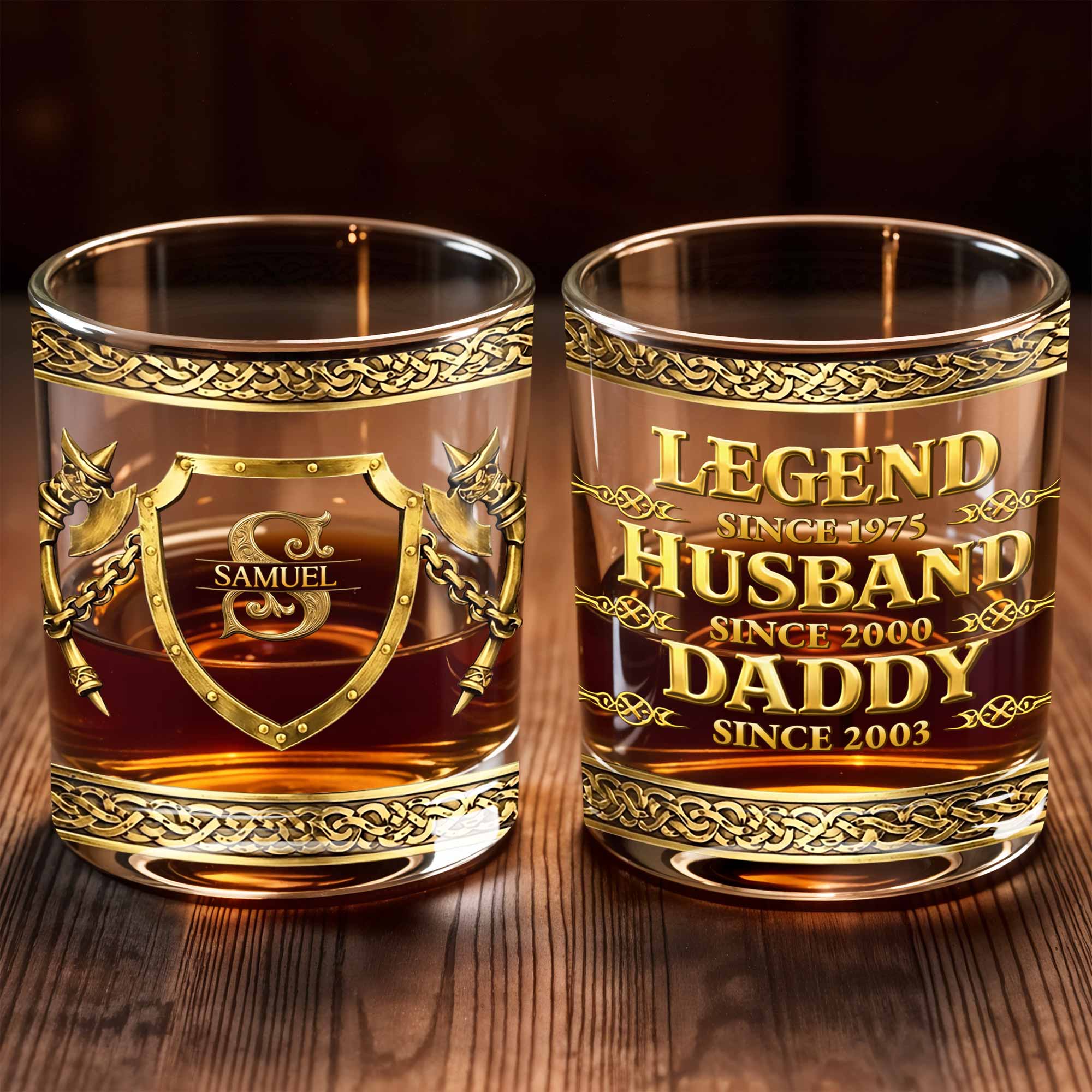 Legend Husband Daddy Grandpa Shield And Axes Golden Design - Personalized Custom Whiskey Glass - DAD327_RWG