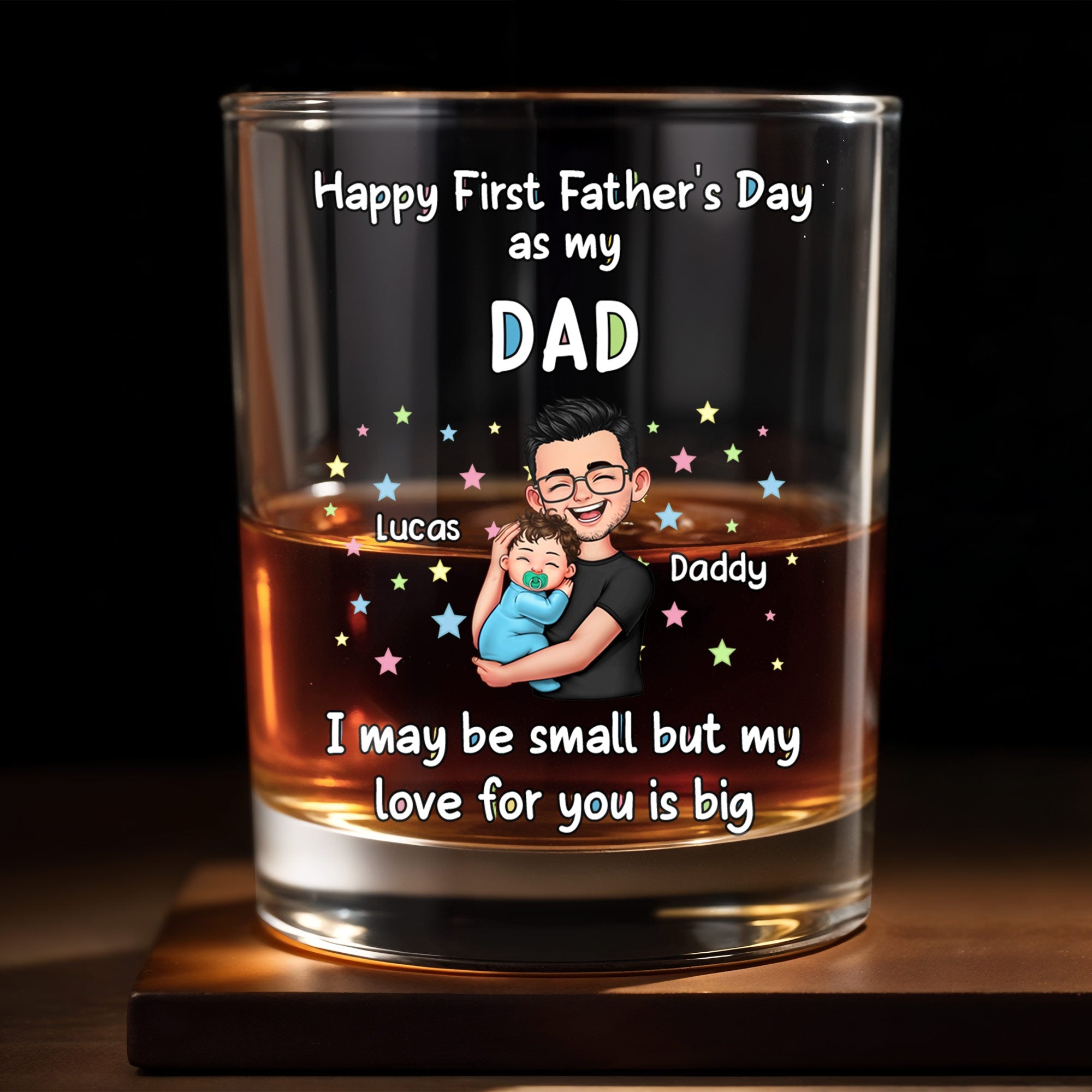 Happy First Father's Day As My Daddy Holding Baby With Stars - Personalized Custom Whiskey Glass - DAD341_RWG