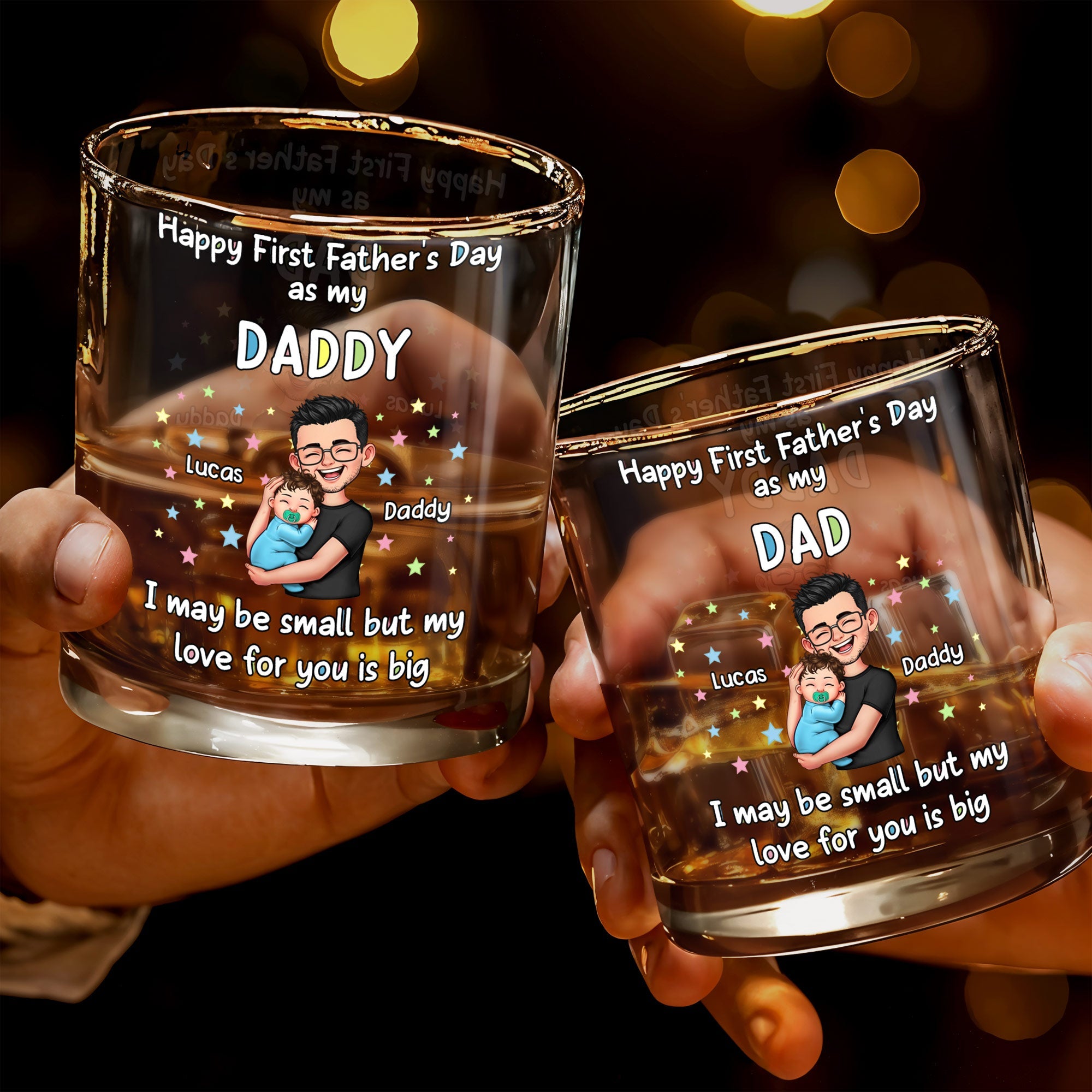 Happy First Father's Day As My Daddy Holding Baby With Stars - Personalized Custom Whiskey Glass - DAD341_RWG