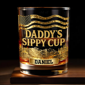 Daddy's Sippy Cup With American Flag And Golden Mountains - Personalized Custom Whiskey Glass - DAD350_RWG