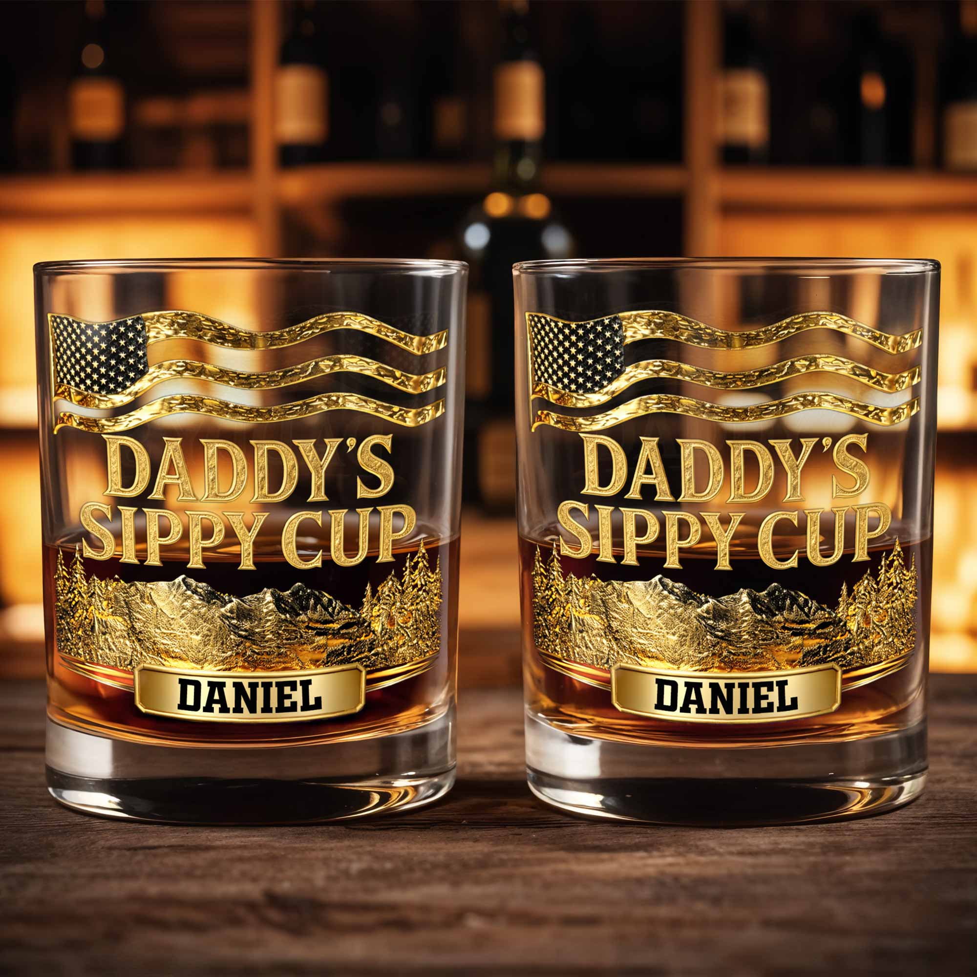 Daddy's Sippy Cup With American Flag And Golden Mountains - Personalized Custom Whiskey Glass - DAD350_RWG