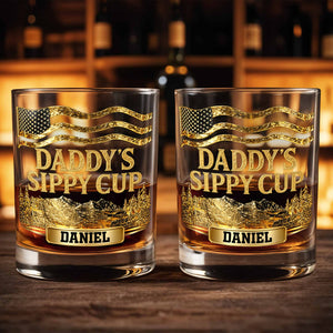 Daddy's Sippy Cup With American Flag And Golden Mountains - Personalized Custom Whiskey Glass - DAD350_RWG