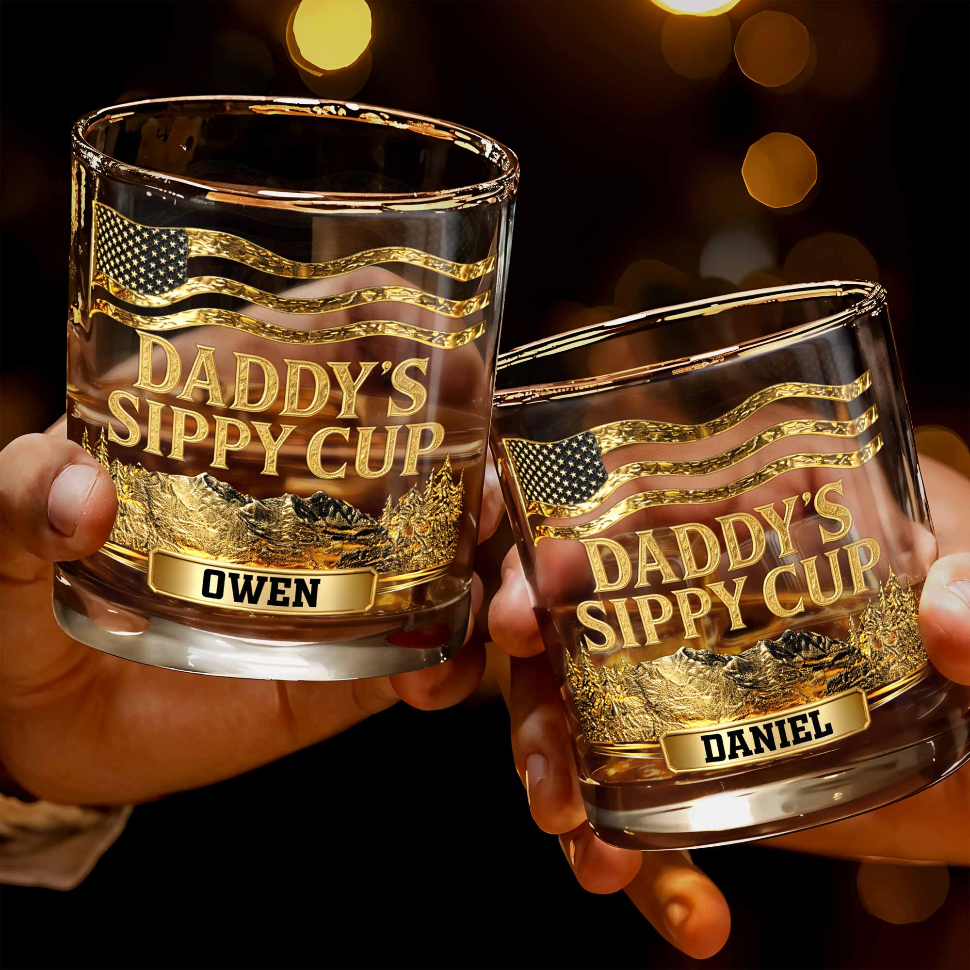 Daddy's Sippy Cup With American Flag And Golden Mountains - Personalized Custom Whiskey Glass - DAD350_RWG