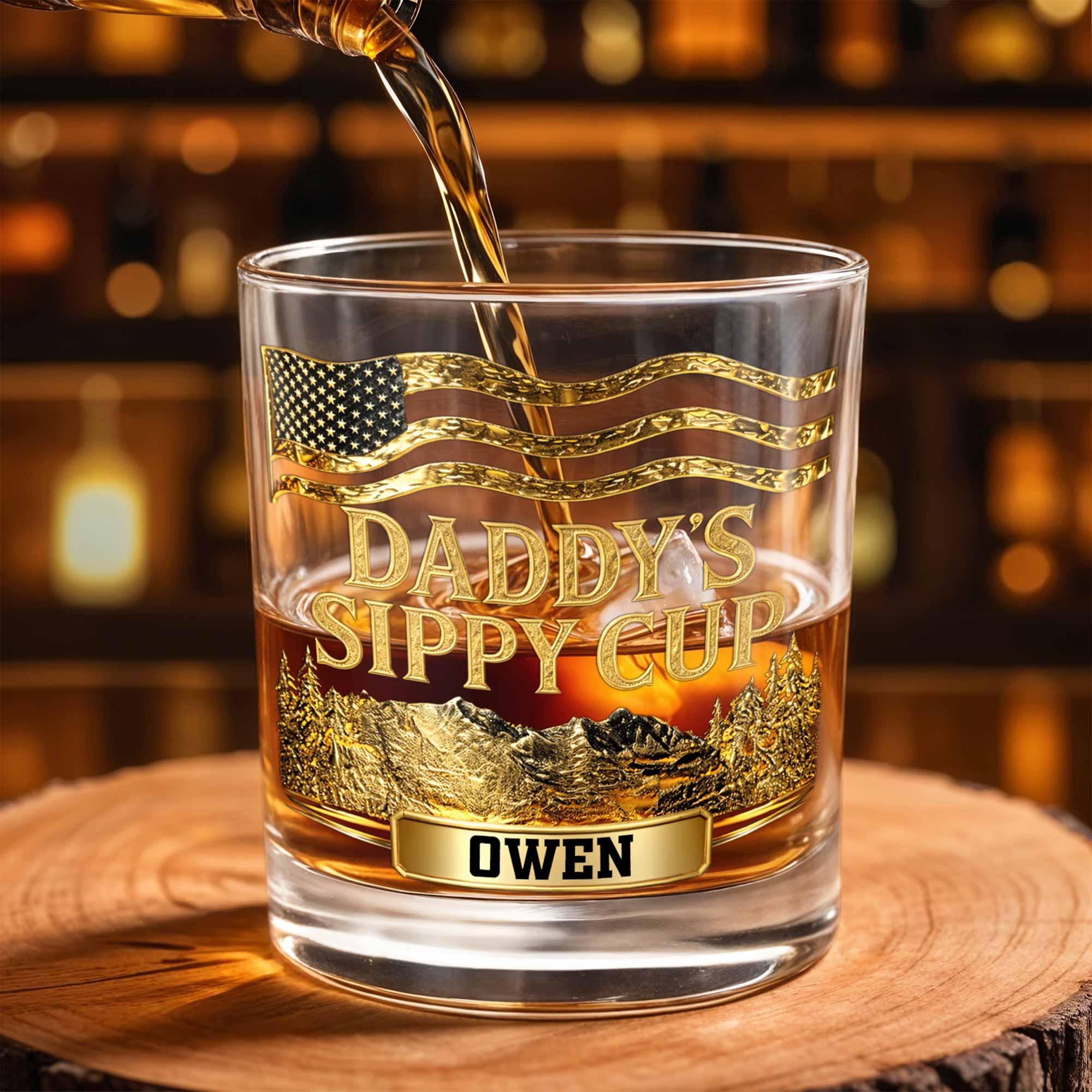 Daddy's Sippy Cup With American Flag And Golden Mountains - Personalized Custom Whiskey Glass - DAD350_RWG