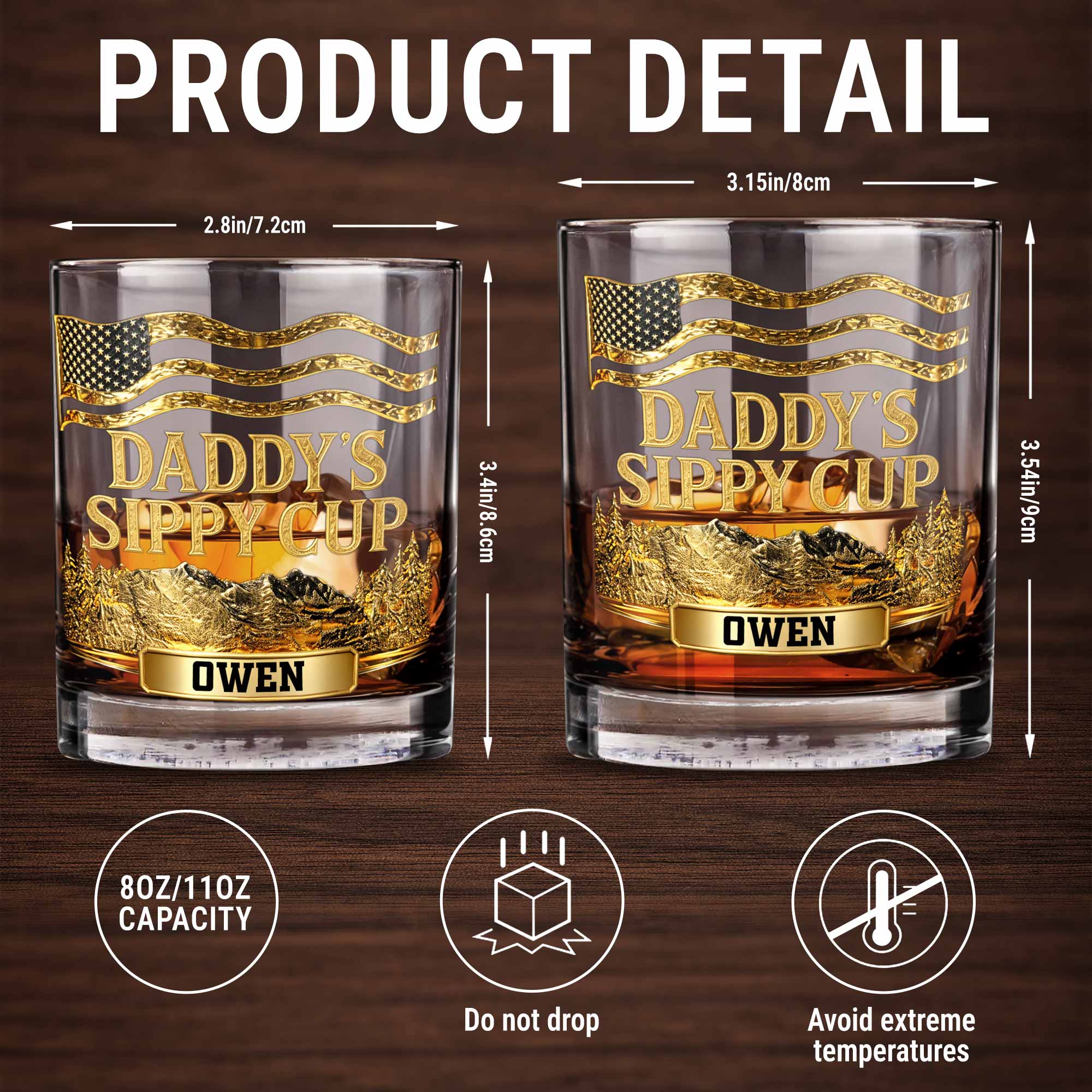 Daddy's Sippy Cup With American Flag And Golden Mountains - Personalized Custom Whiskey Glass - DAD350_RWG