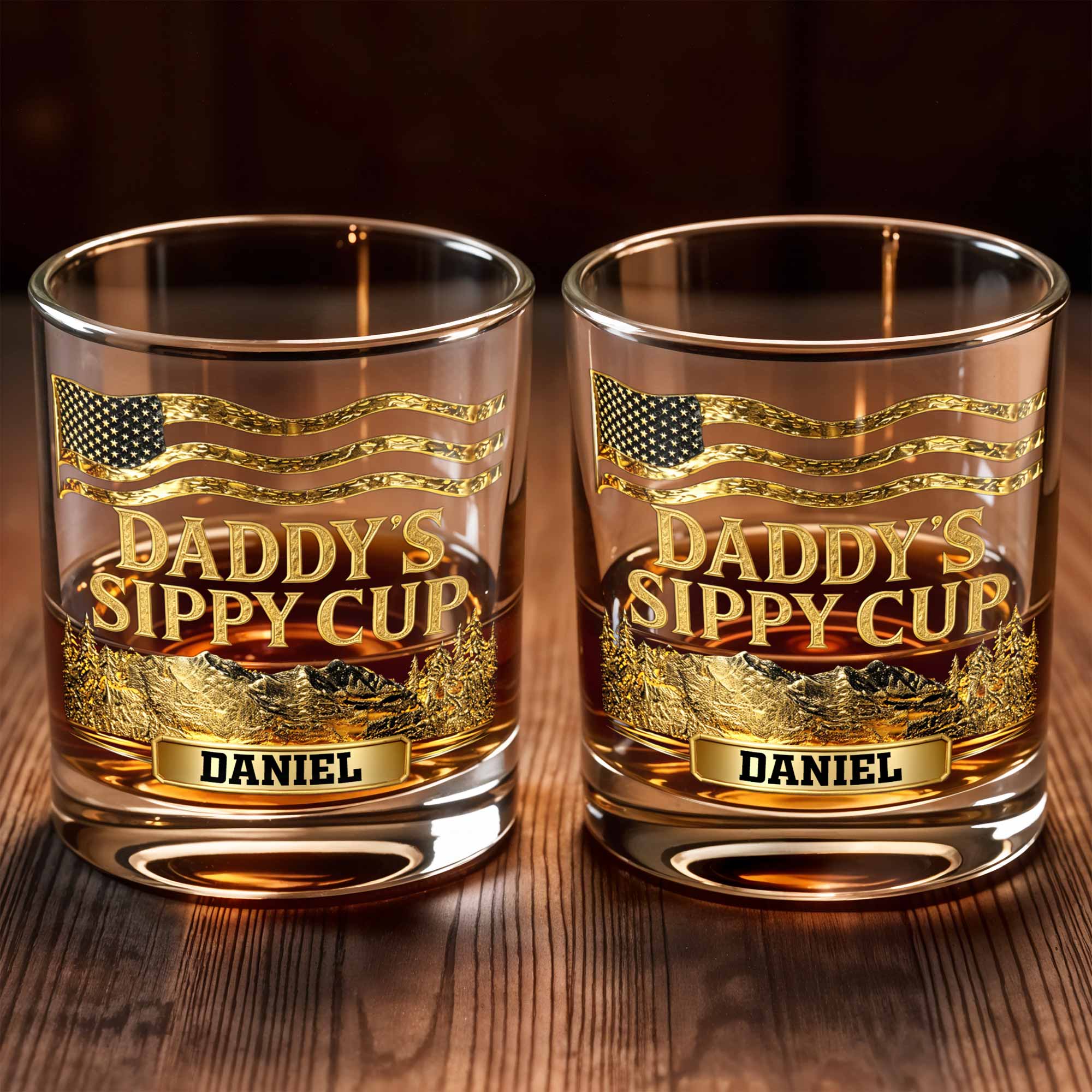 Daddy's Sippy Cup With American Flag And Golden Mountains - Personalized Custom Whiskey Glass - DAD350_RWG