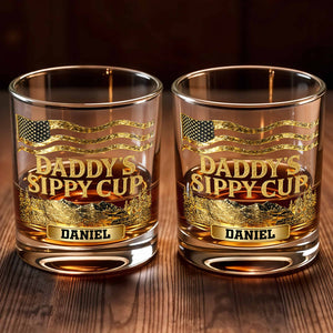 Daddy's Sippy Cup With American Flag And Golden Mountains - Personalized Custom Whiskey Glass - DAD350_RWG