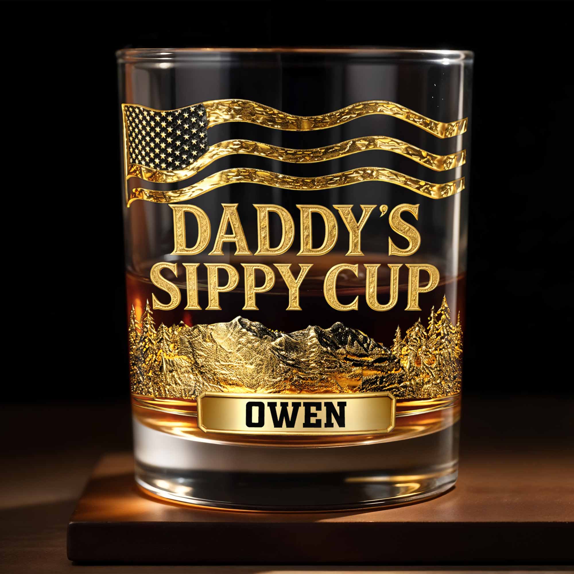 Daddy's Sippy Cup With American Flag And Golden Mountains - Personalized Custom Whiskey Glass - DAD350_RWG