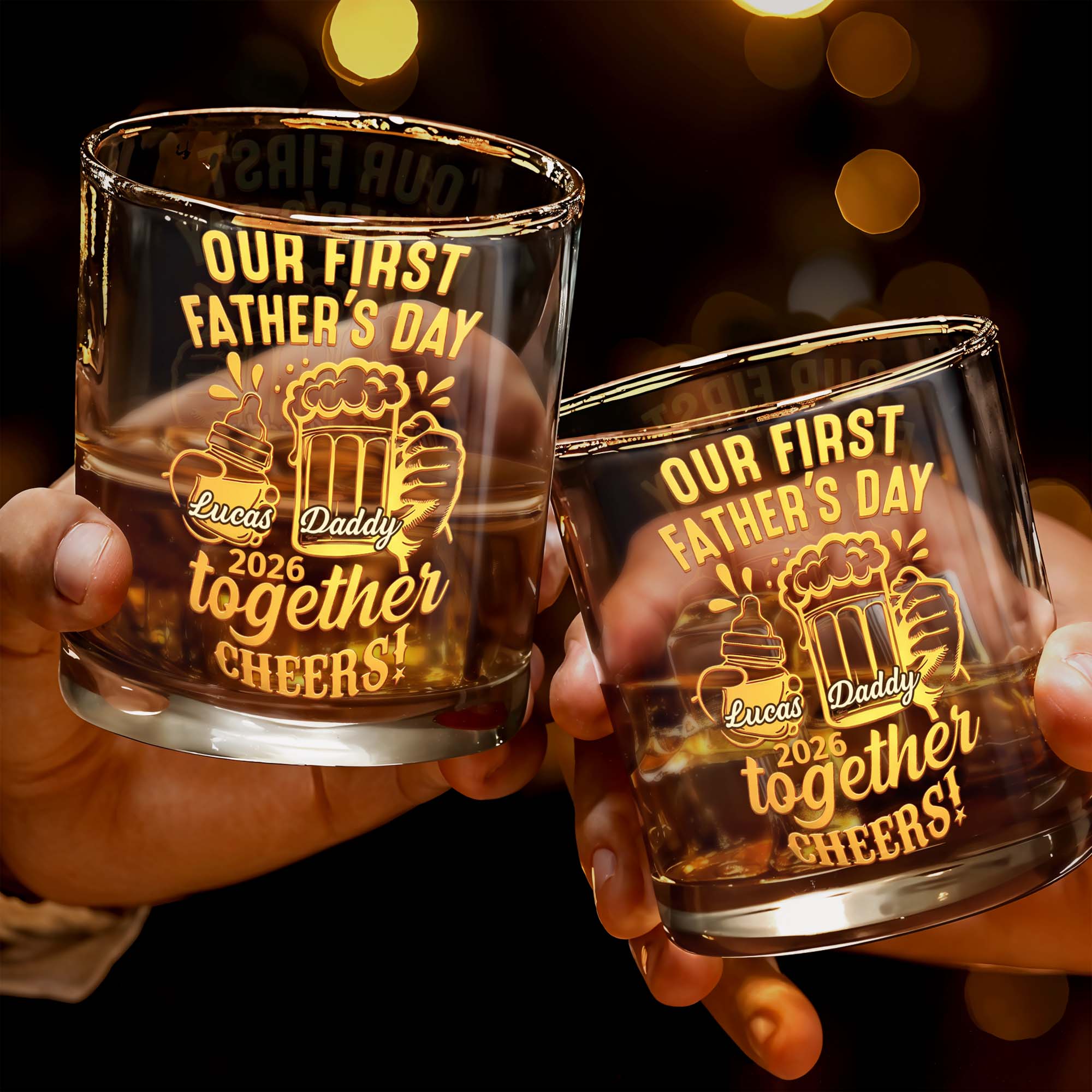 Our First Father's Day Daddy Together Cheers Baby Bottle And Beer Mug - Personalized Custom Whiskey Glass - DAD385_RWG