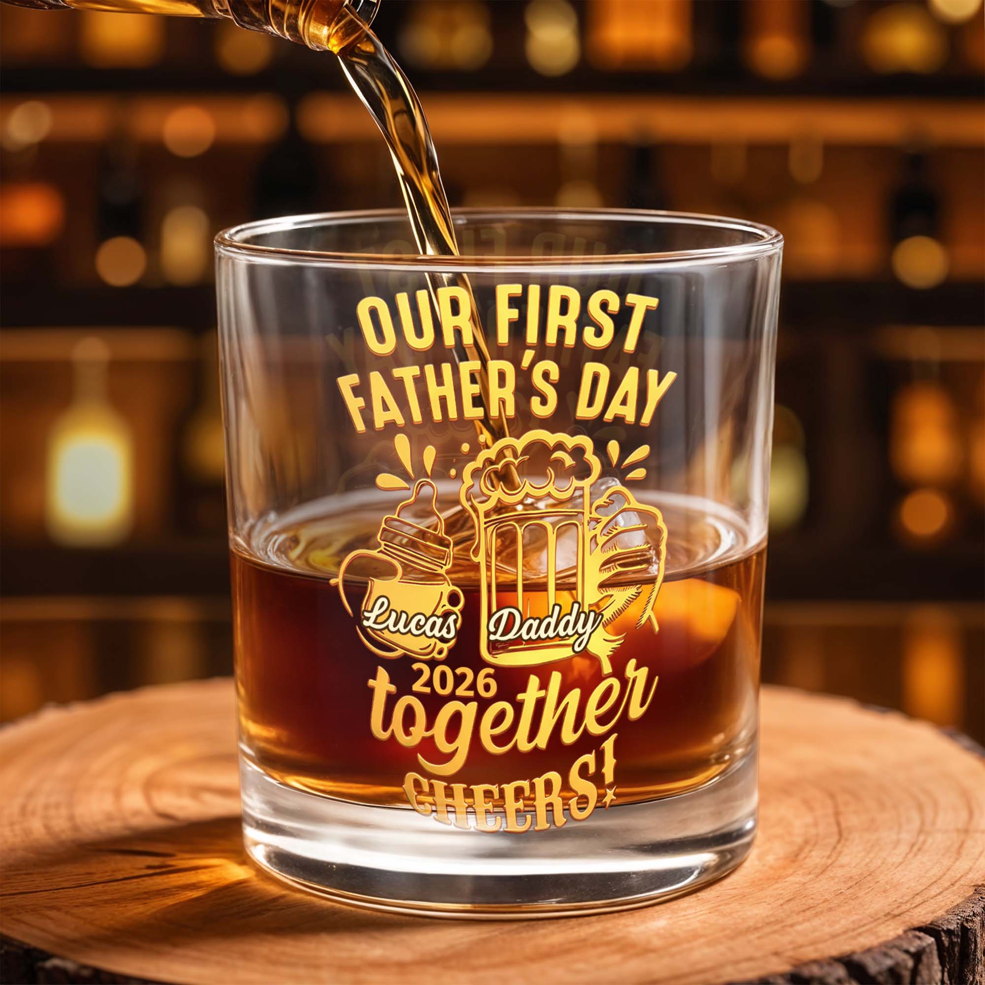 Our First Father's Day Daddy Together Cheers Baby Bottle And Beer Mug - Personalized Custom Whiskey Glass - DAD385_RWG