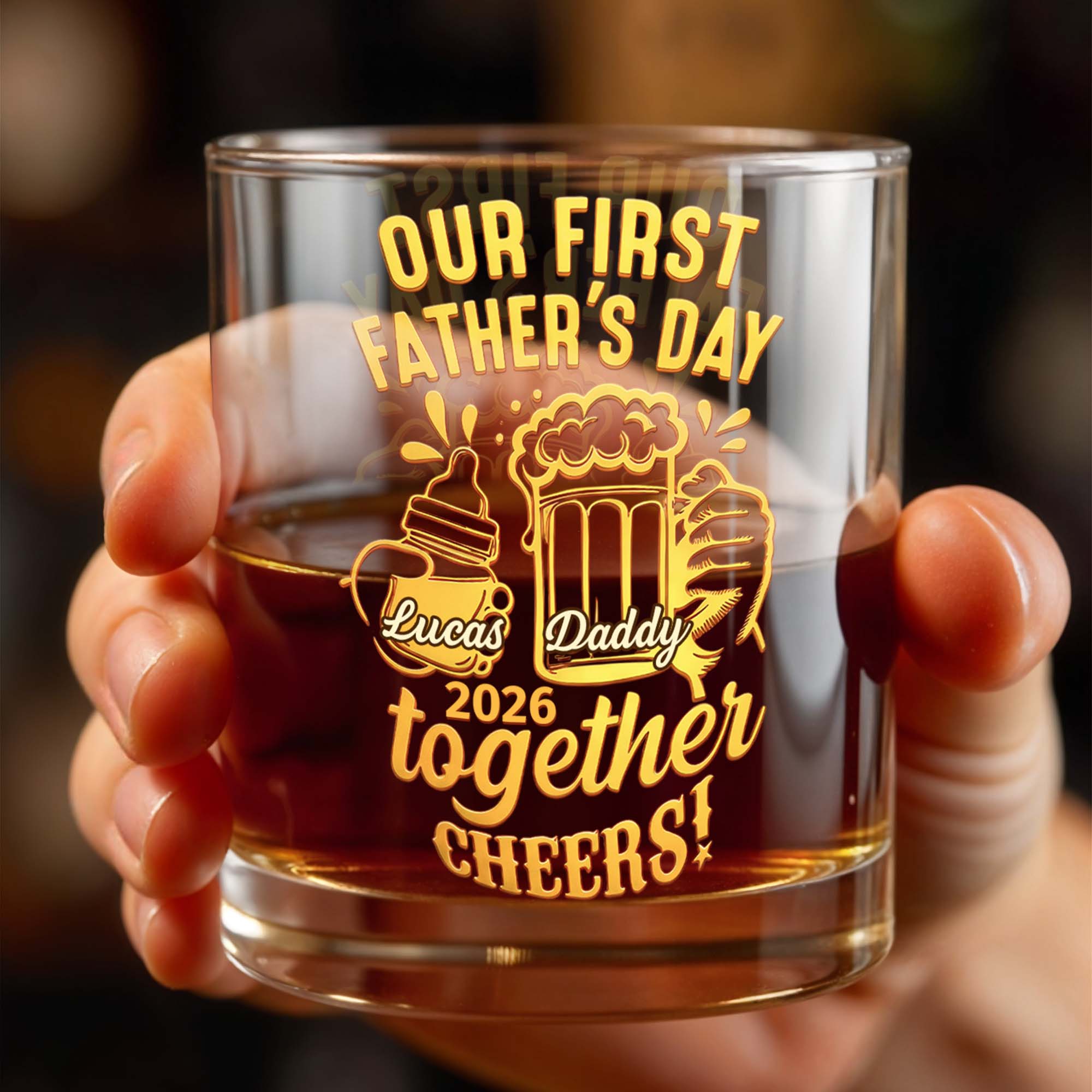 Our First Father's Day Daddy Together Cheers Baby Bottle And Beer Mug - Personalized Custom Whiskey Glass - DAD385_RWG