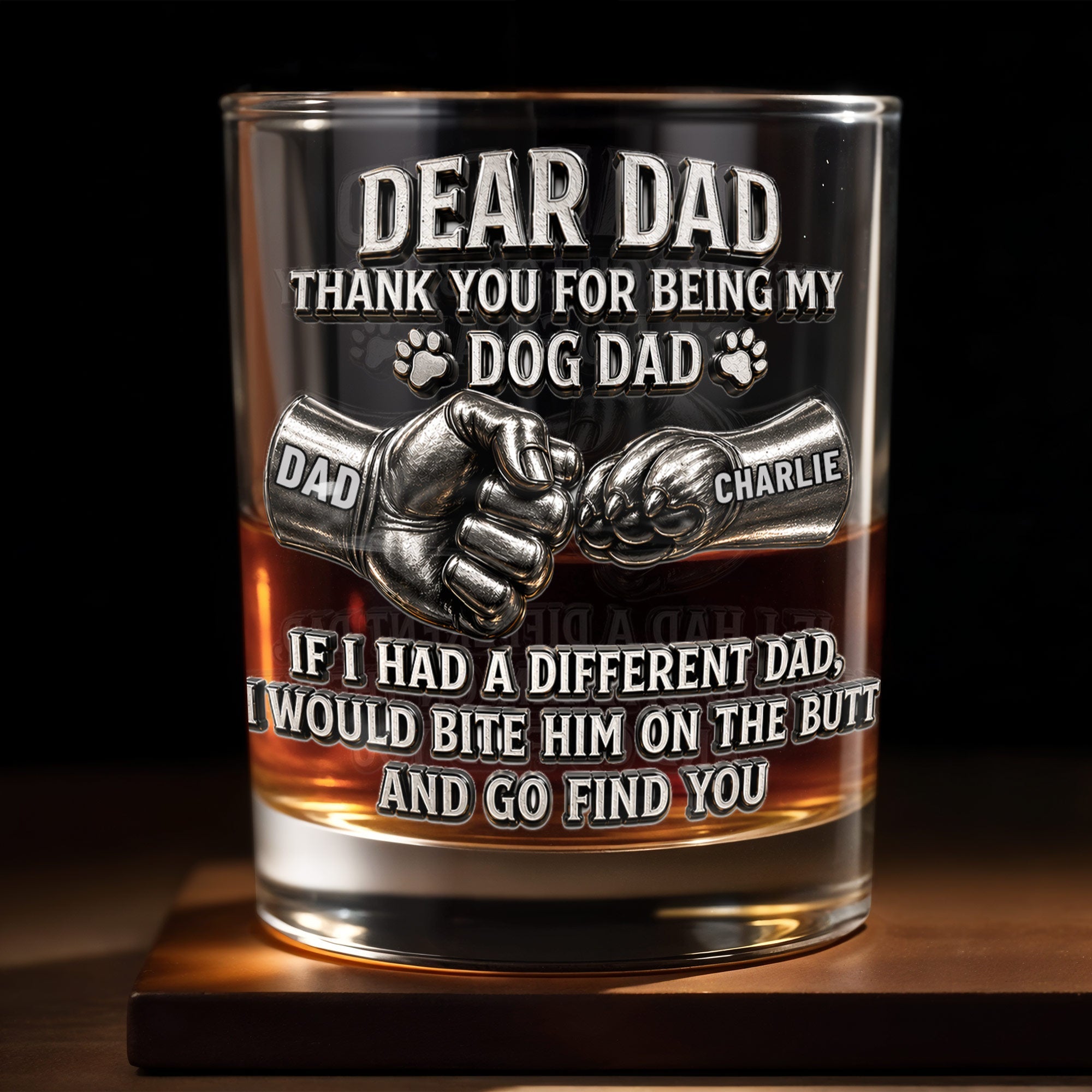 Dear Dad Thank You For Being My Dog Dad Fist Bump And Paws - Personalized Custom Whiskey Glass - DAD430_RWG