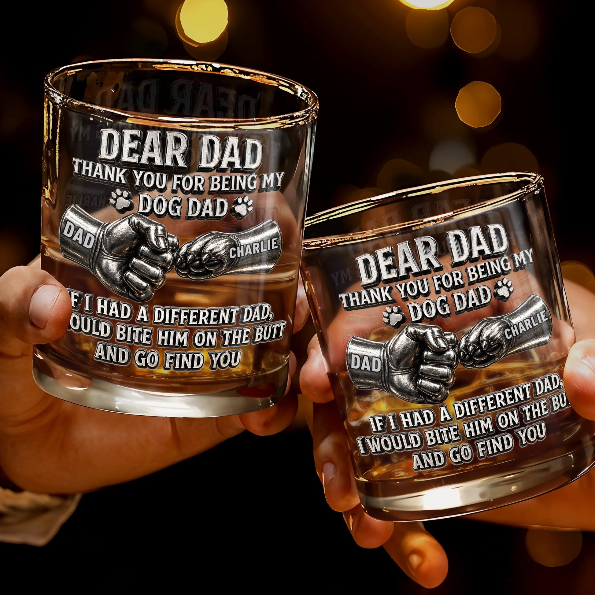 Dear Dad Thank You For Being My Dog Dad Fist Bump And Paws - Personalized Custom Whiskey Glass - DAD430_RWG