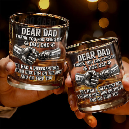 Dear Dad Thank You For Being My Dog Dad Fist Bump And Paws - Personalized Custom Whiskey Glass - DAD430_RWG