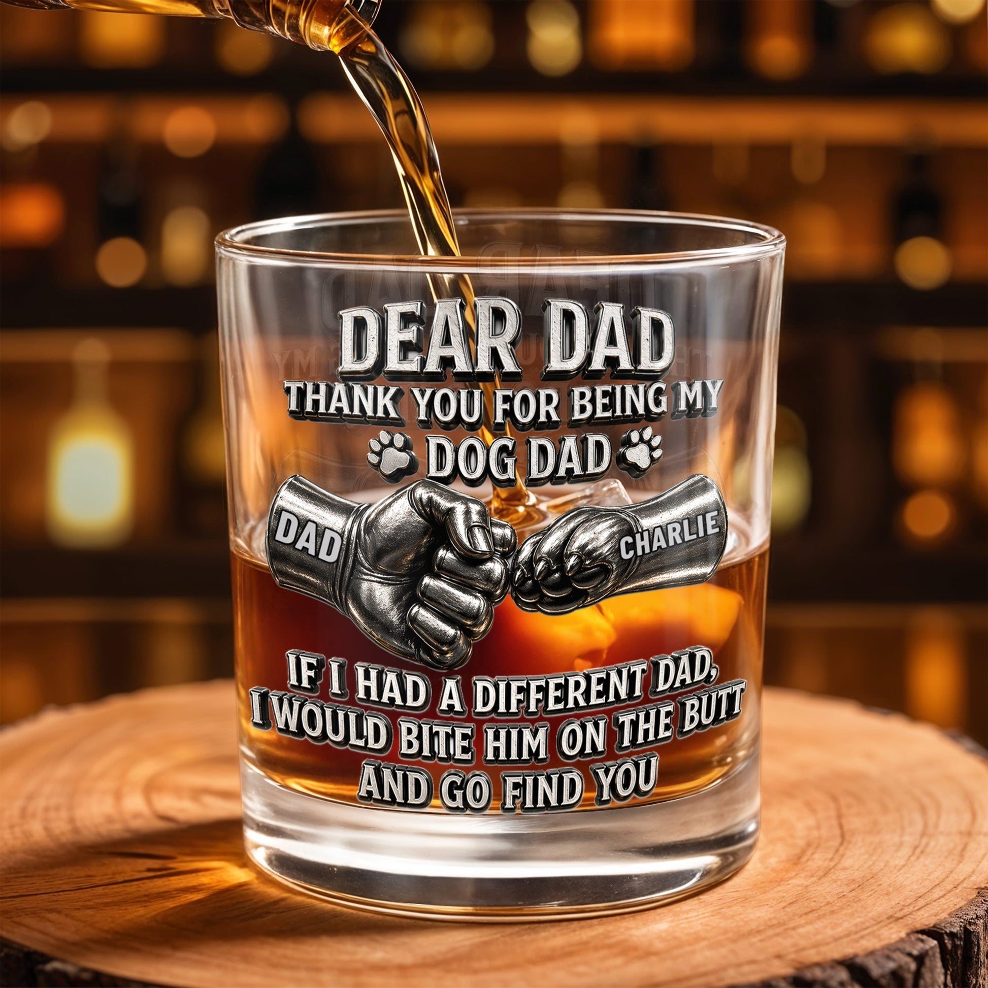 Dear Dad Thank You For Being My Dog Dad Fist Bump And Paws - Personalized Custom Whiskey Glass - DAD430_RWG