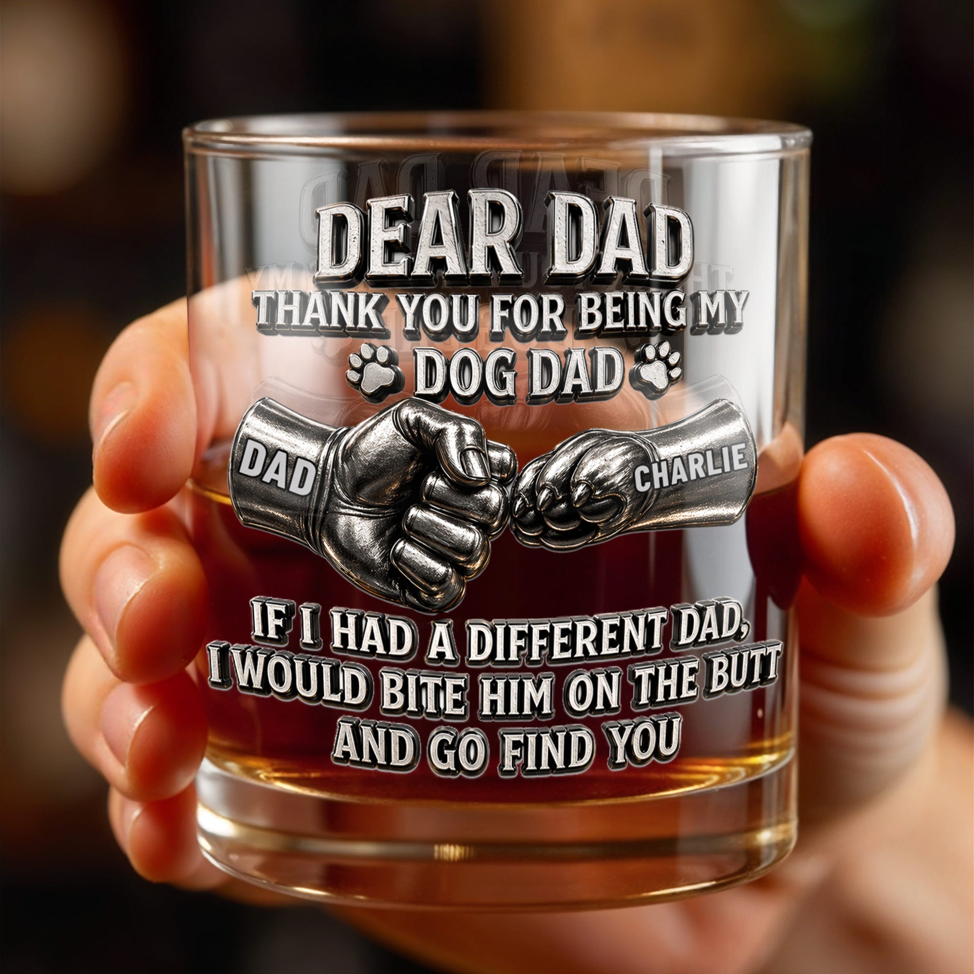 Dear Dad Thank You For Being My Dog Dad Fist Bump And Paws - Personalized Custom Whiskey Glass - DAD430_RWG