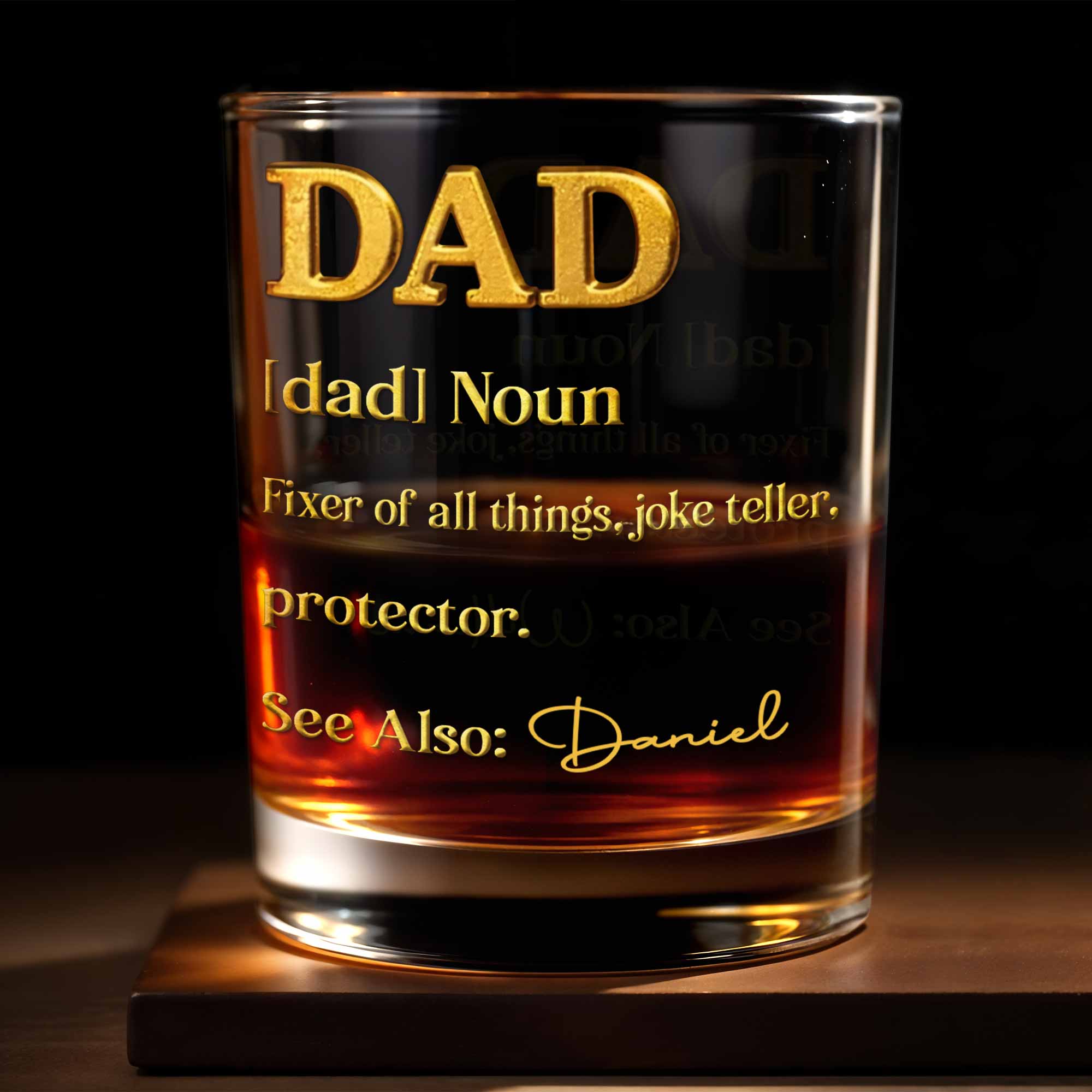 Dad Noun Fixer Of All Things With 3D Golden Custom Name - Personalized Custom Whiskey Glass - DAD431_RWG