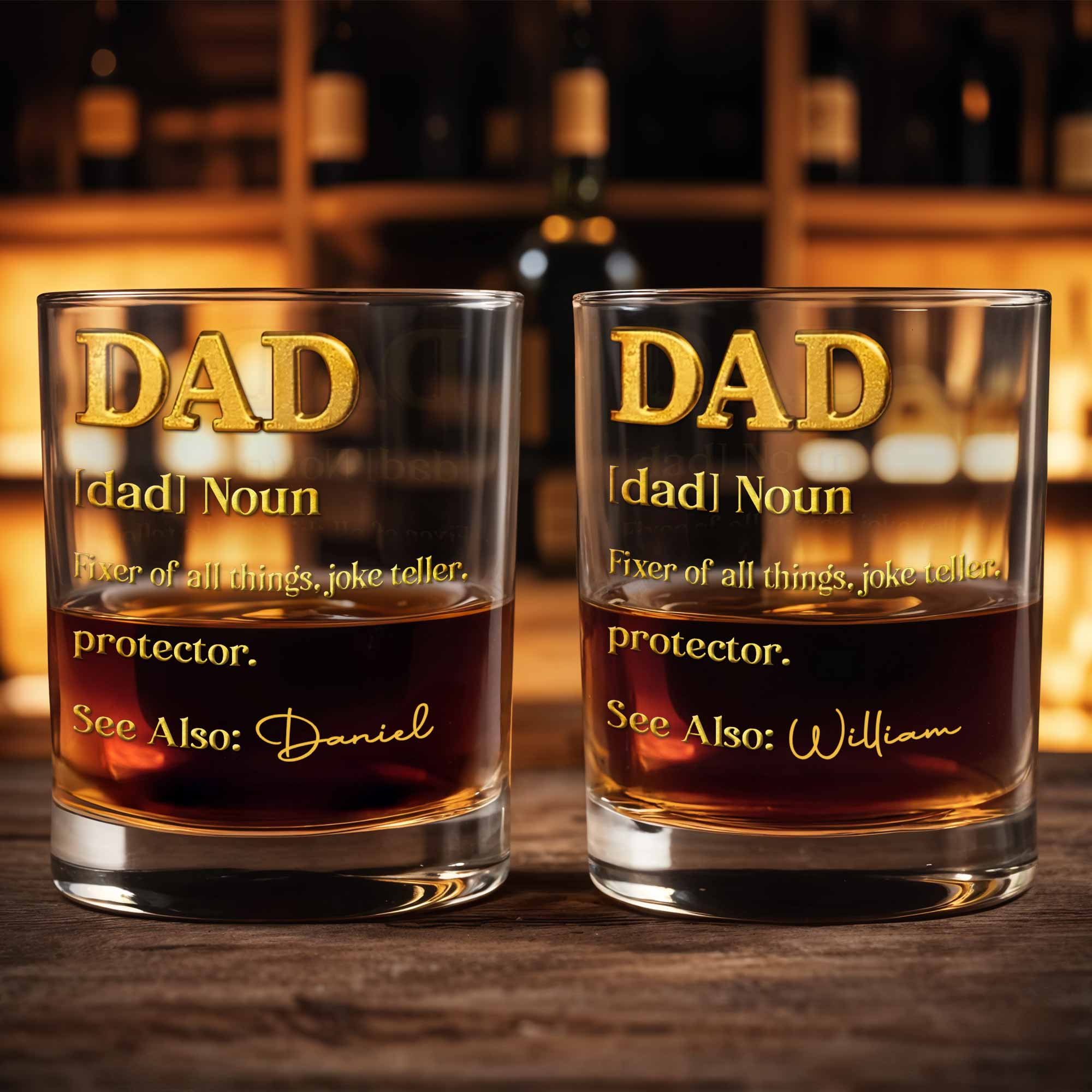 Dad Noun Fixer Of All Things With 3D Golden Custom Name - Personalized Custom Whiskey Glass - DAD431_RWG