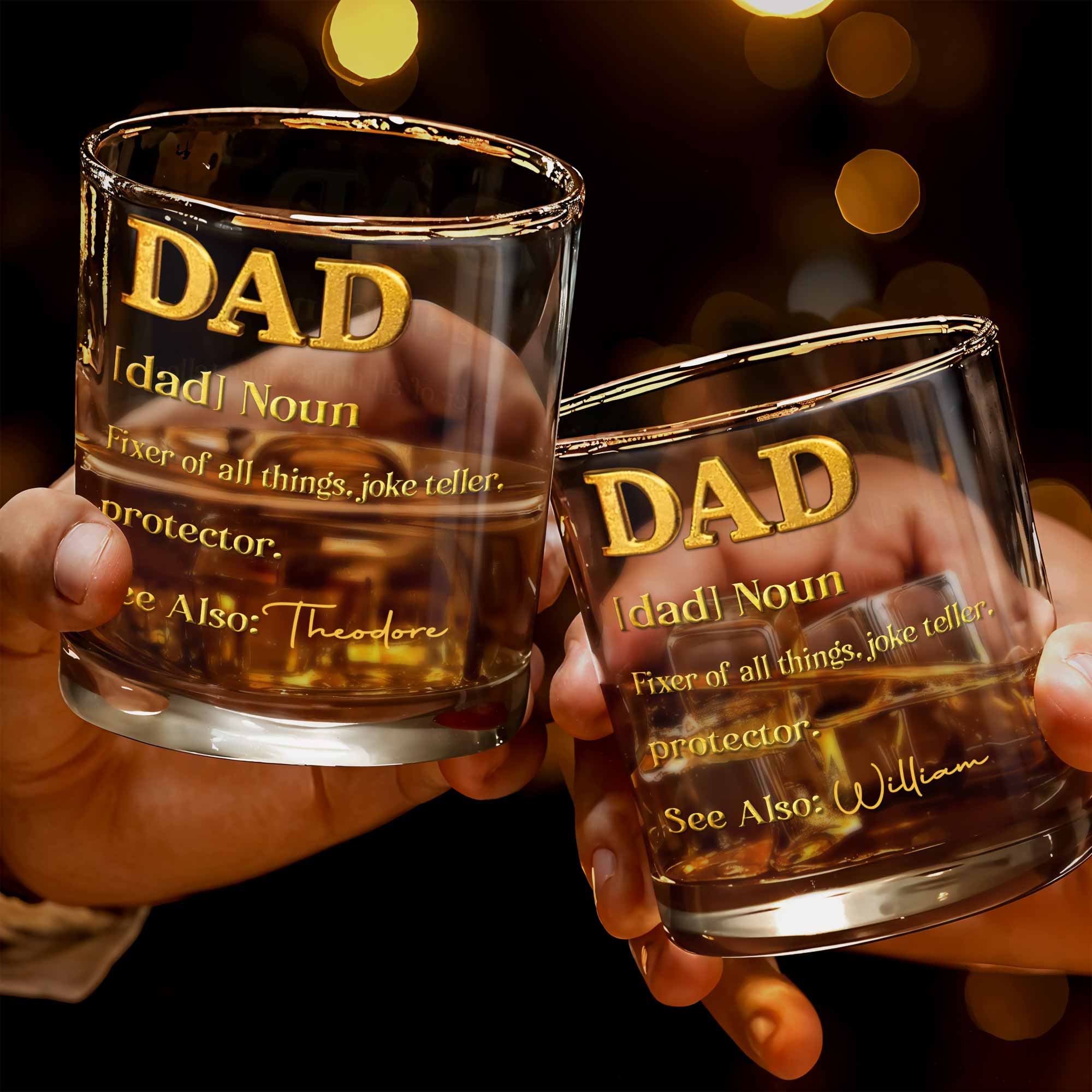 Dad Noun Fixer Of All Things With 3D Golden Custom Name - Personalized Custom Whiskey Glass - DAD431_RWG