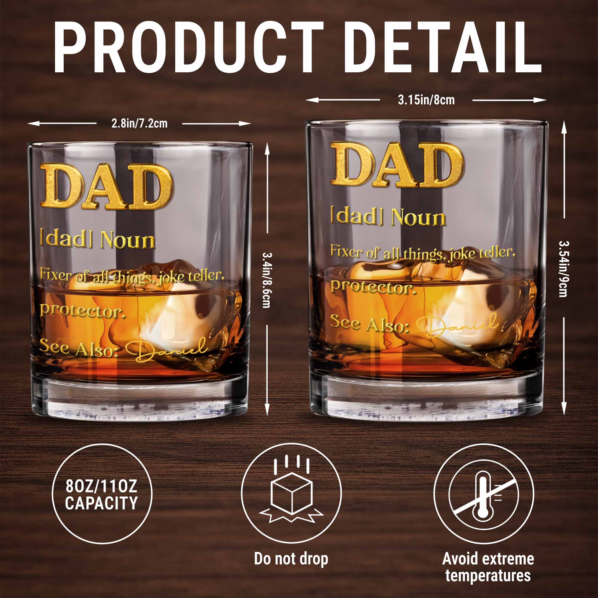 Dad Noun Fixer Of All Things With 3D Golden Custom Name - Personalized Custom Whiskey Glass - DAD431_RWG