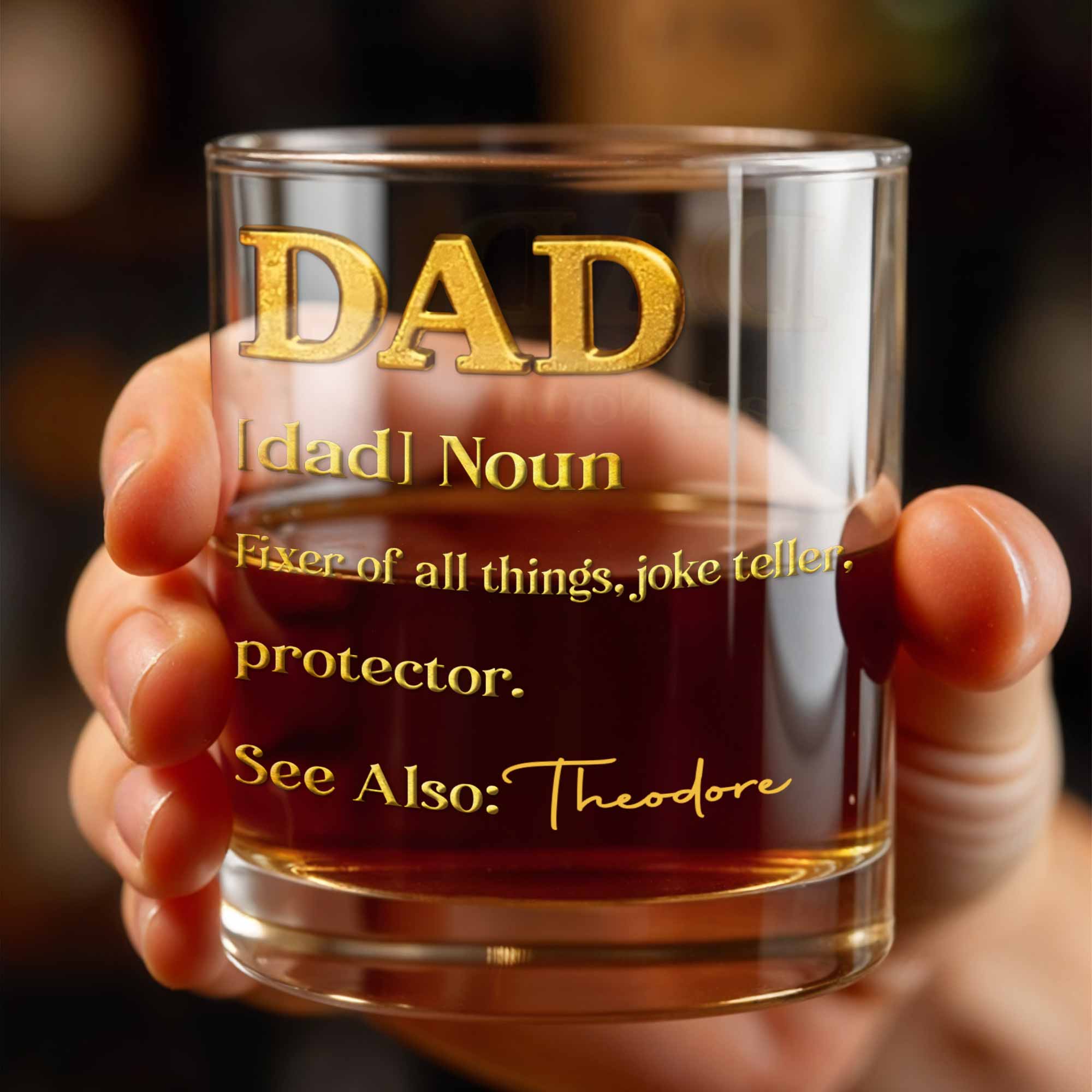 Dad Noun Fixer Of All Things With 3D Golden Custom Name - Personalized Custom Whiskey Glass - DAD431_RWG