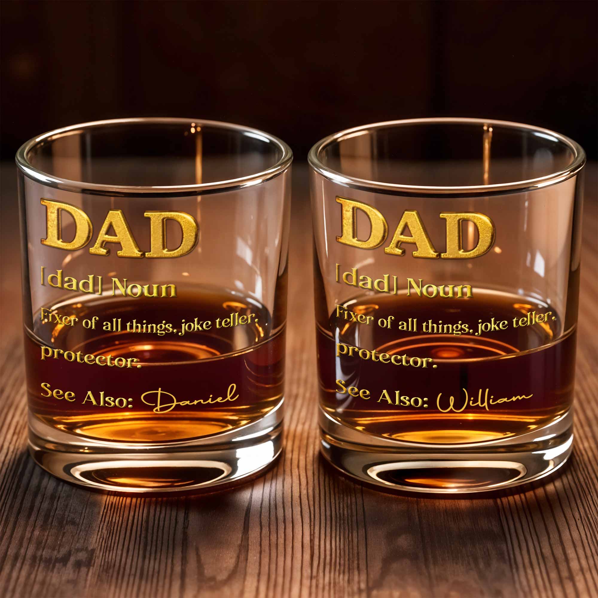 Dad Noun Fixer Of All Things With 3D Golden Custom Name - Personalized Custom Whiskey Glass - DAD431_RWG