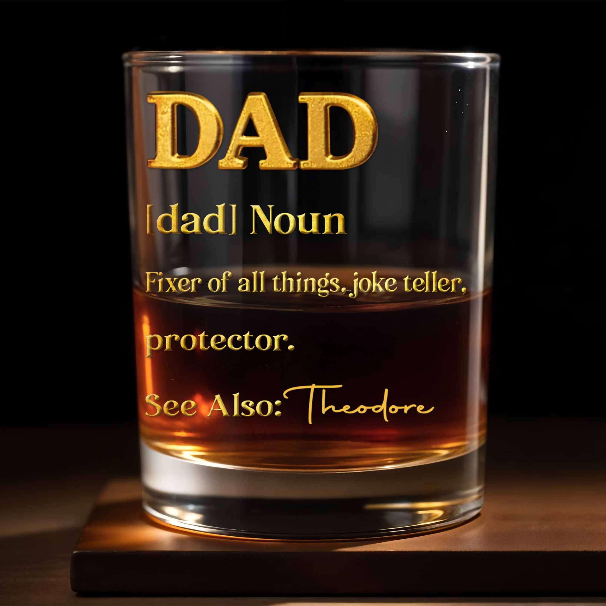 Dad Noun Fixer Of All Things With 3D Golden Custom Name - Personalized Custom Whiskey Glass - DAD431_RWG