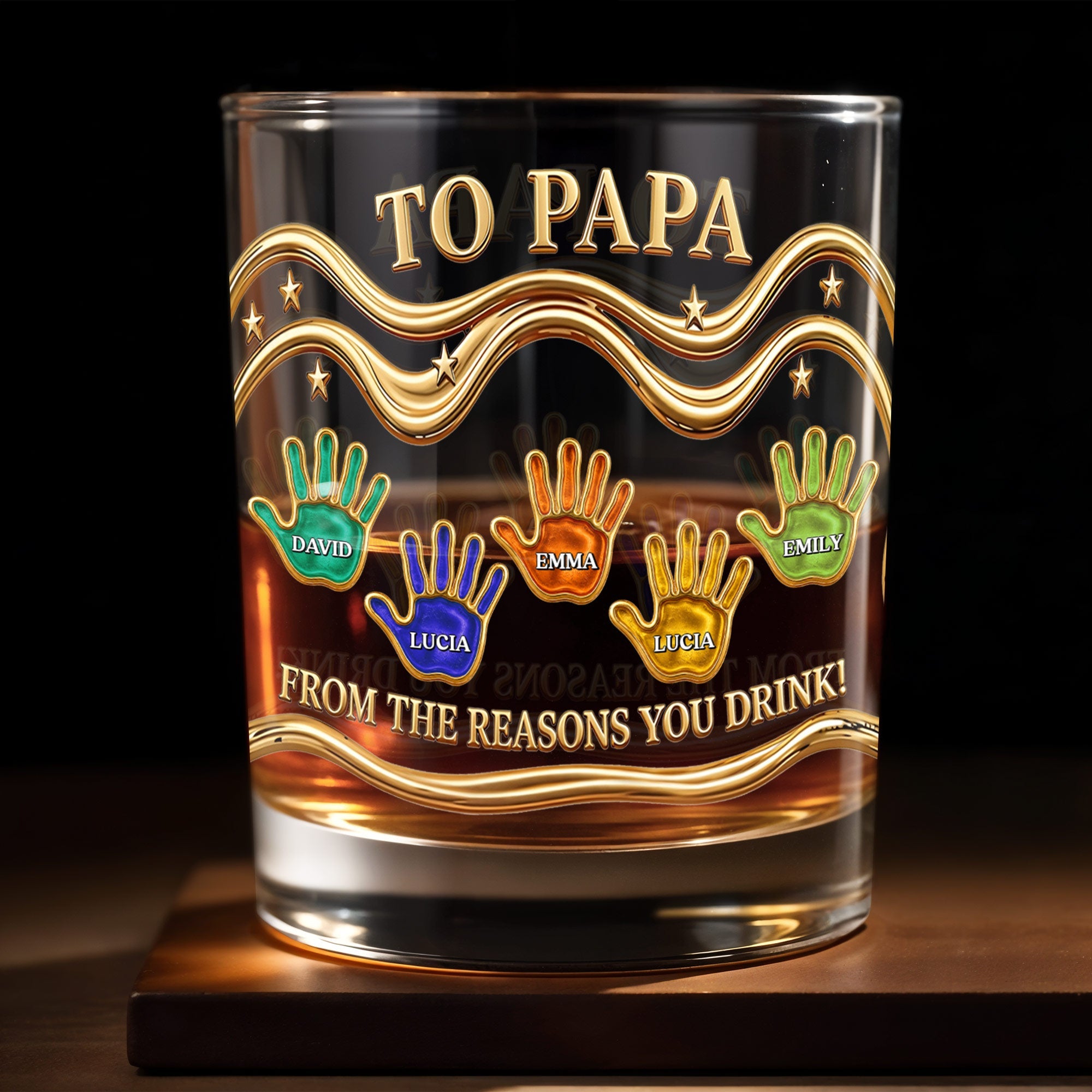 To Papa From The Reasons You Drink With Colorful Handprints - Personalized Custom Whiskey Glass - DAD436_RWG