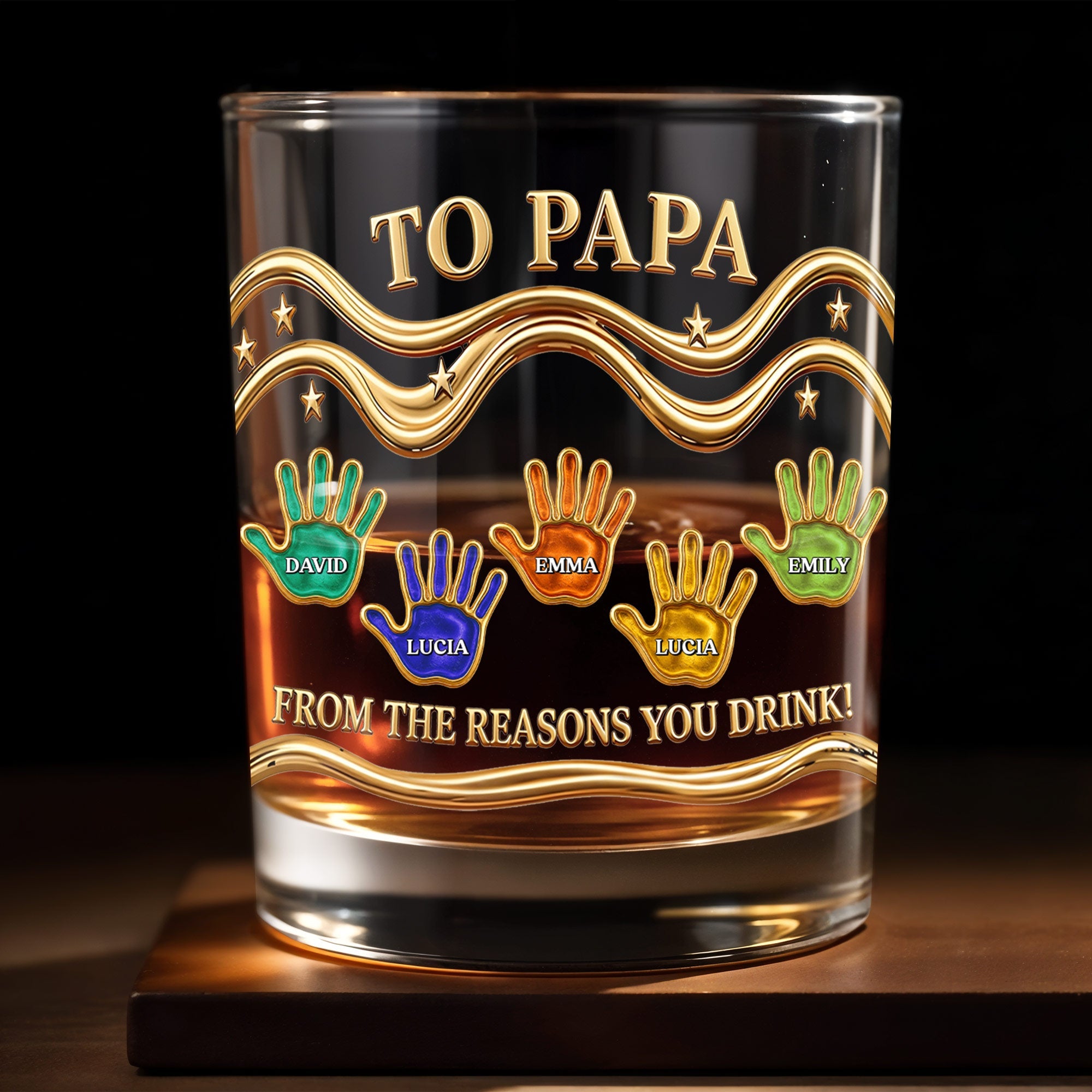 To Papa From The Reasons You Drink With Colorful Handprints - Personalized Custom Whiskey Glass - DAD436_RWG