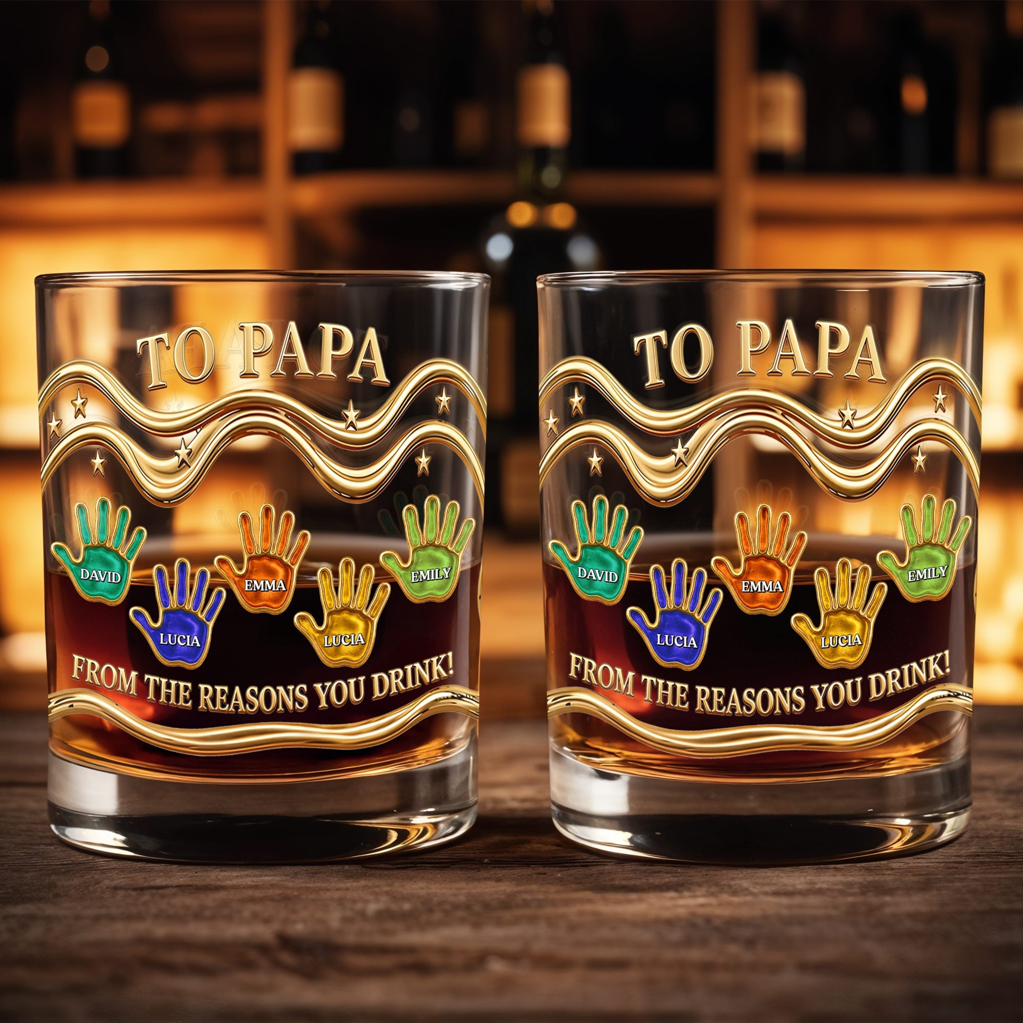 To Papa From The Reasons You Drink With Colorful Handprints - Personalized Custom Whiskey Glass - DAD436_RWG