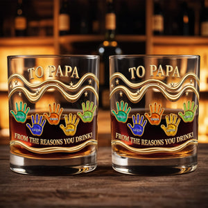 To Papa From The Reasons You Drink With Colorful Handprints - Personalized Custom Whiskey Glass - DAD436_RWG