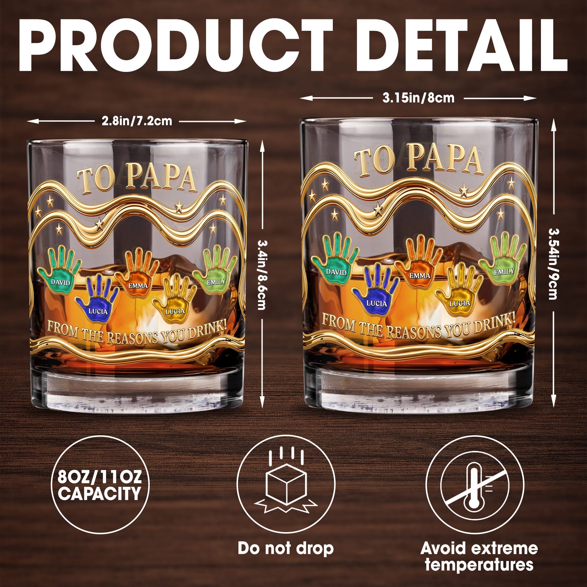 To Papa From The Reasons You Drink With Colorful Handprints - Personalized Custom Whiskey Glass - DAD436_RWG
