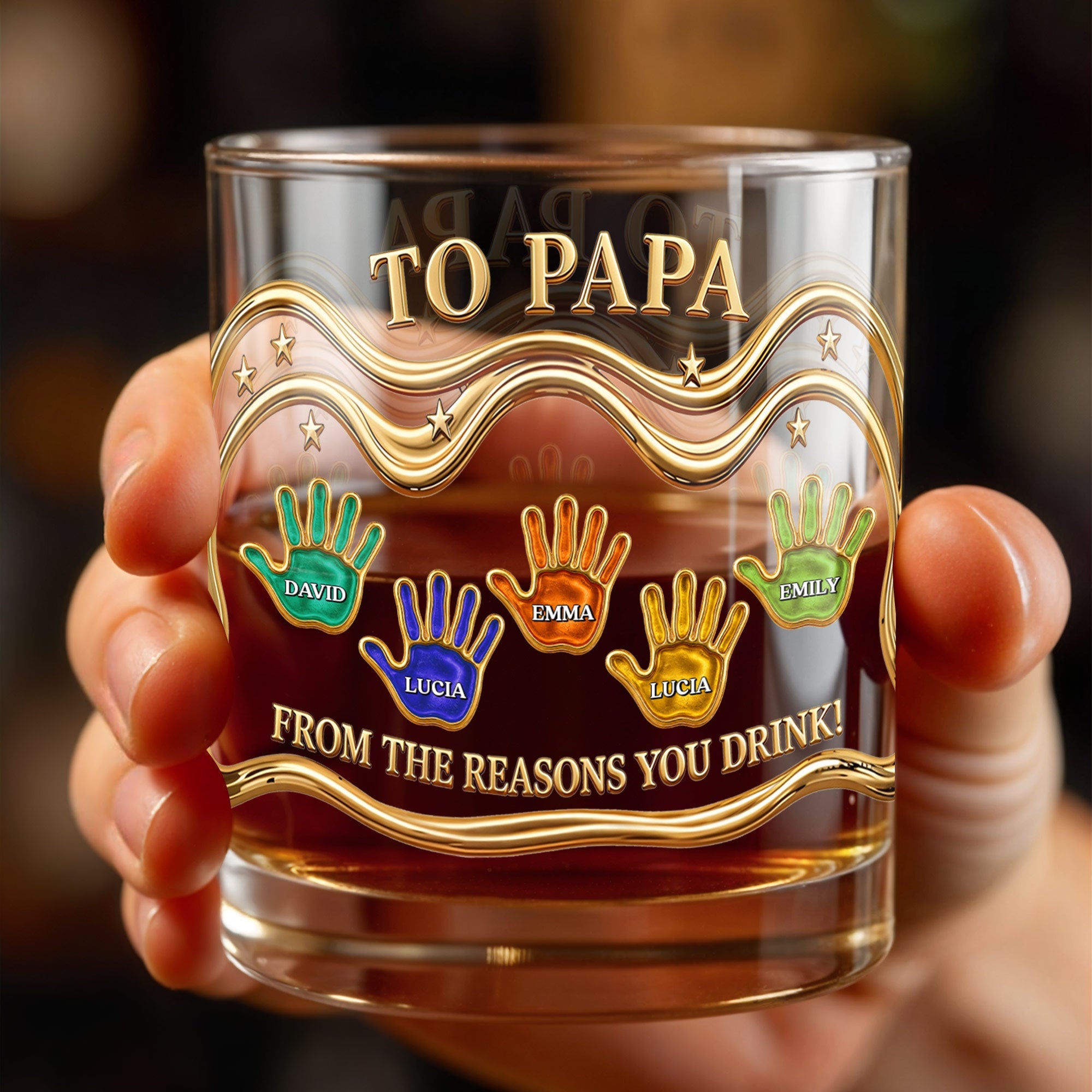 To Papa From The Reasons You Drink With Colorful Handprints - Personalized Custom Whiskey Glass - DAD436_RWG