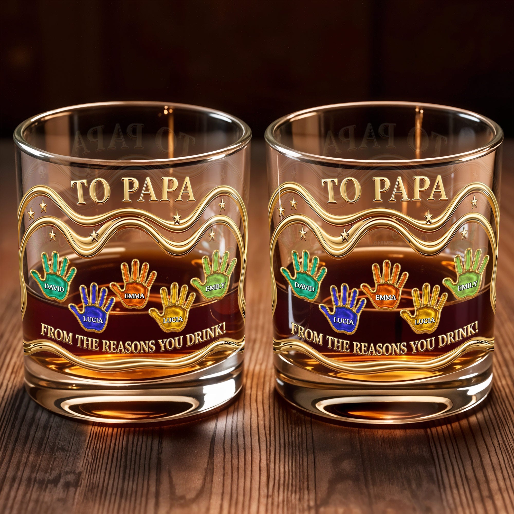 To Papa From The Reasons You Drink With Colorful Handprints - Personalized Custom Whiskey Glass - DAD436_RWG