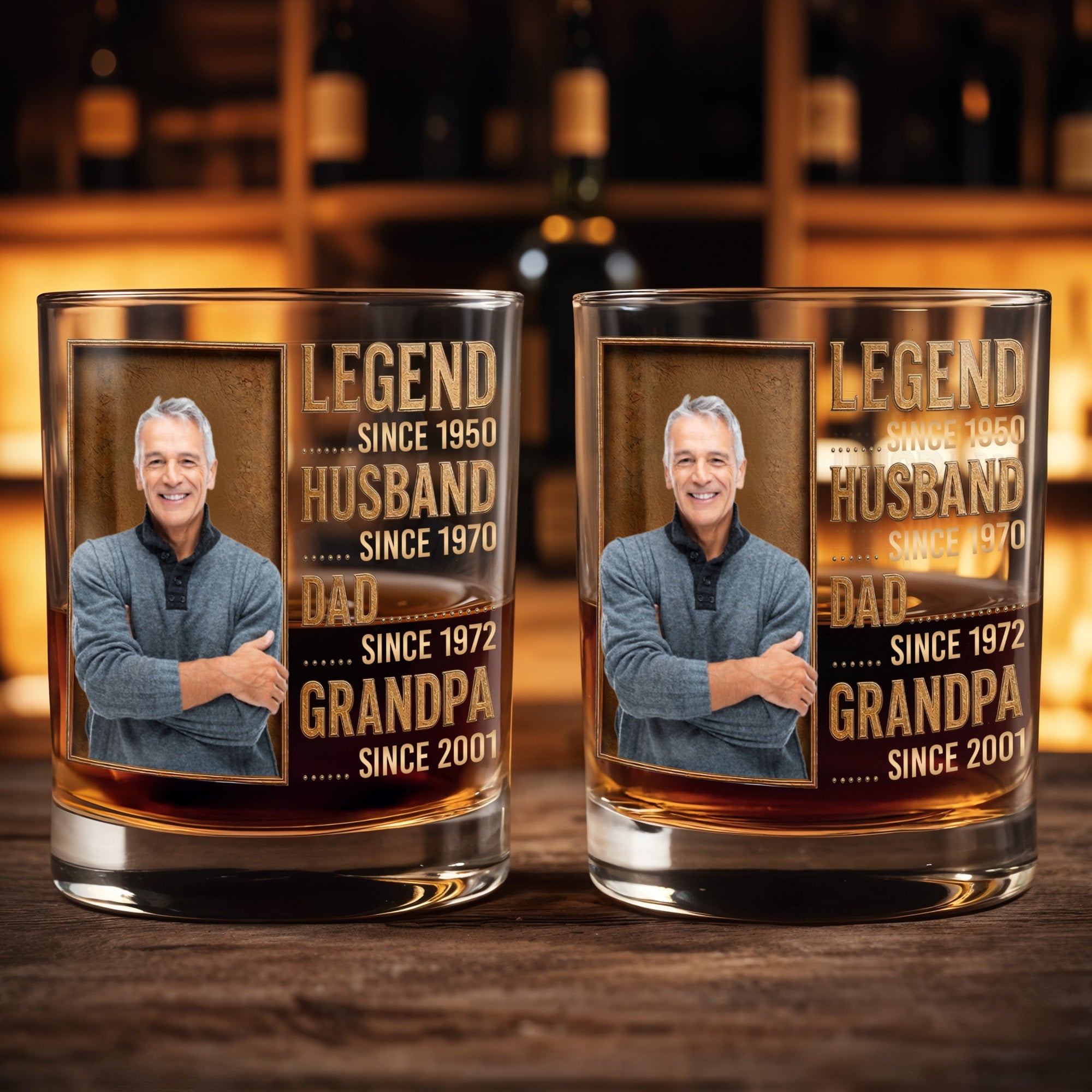 Legend Husband Dad Grandpa Custom Photo And Gold Text Design - Personalized Custom Whiskey Glass - DAD441_RWG