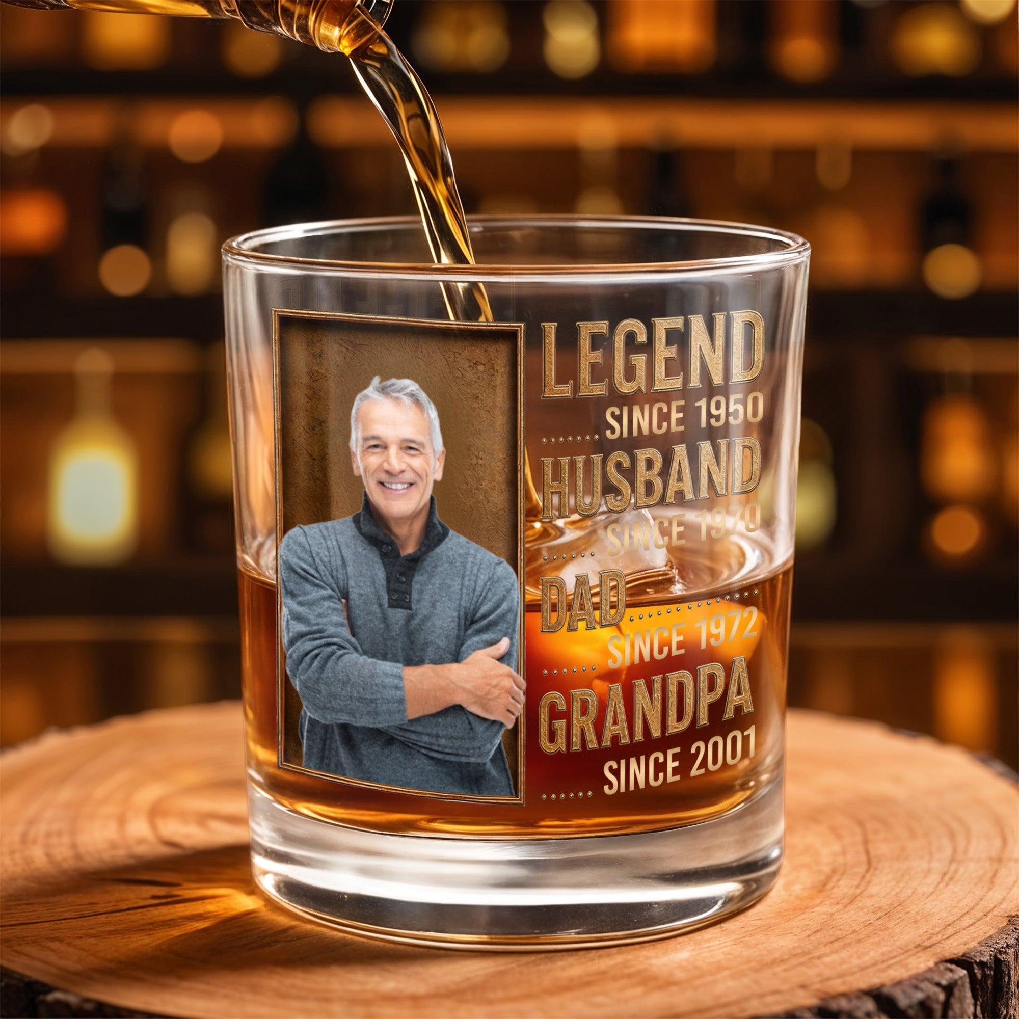 Legend Husband Dad Grandpa Custom Photo And Gold Text Design - Personalized Custom Whiskey Glass - DAD441_RWG