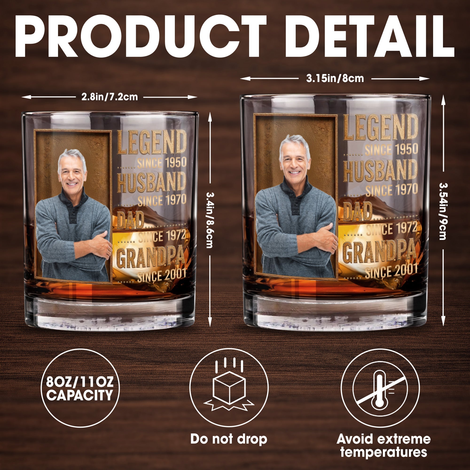 Legend Husband Dad Grandpa Custom Photo And Gold Text Design - Personalized Custom Whiskey Glass - DAD441_RWG